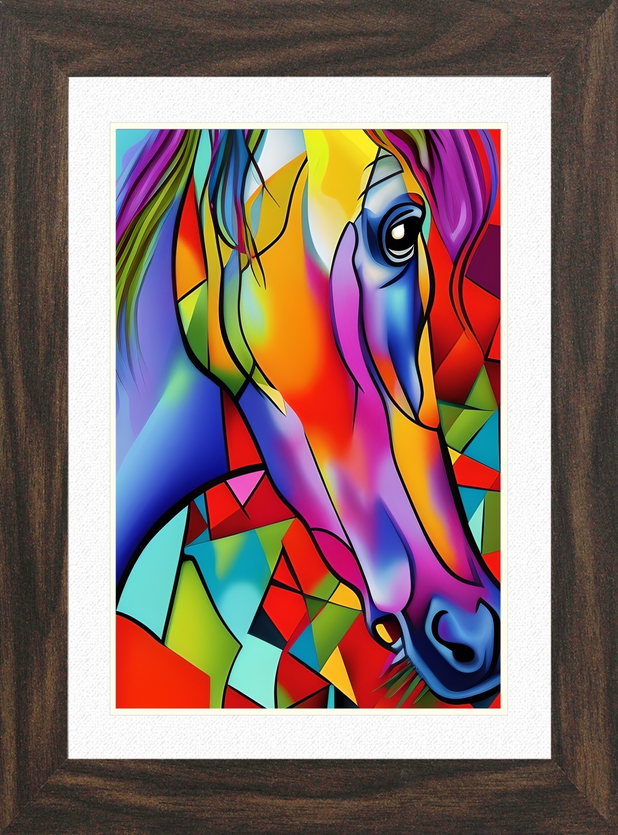 Horse Animal Picture Framed Colourful Abstract Art (30cm x 25cm Walnut Frame)
