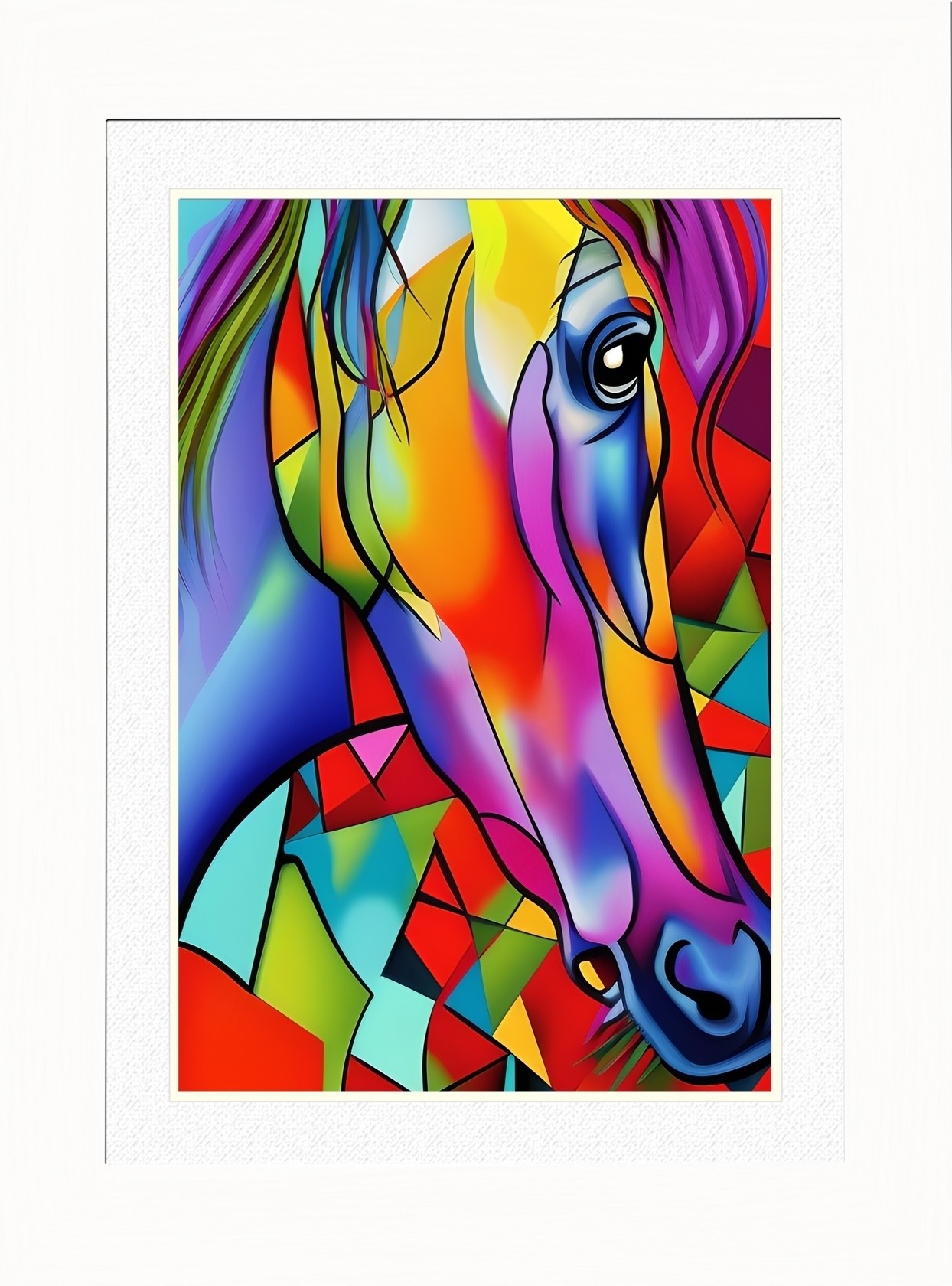 Horse Animal Picture Framed Colourful Abstract Art (25cm x 20cm White Frame)