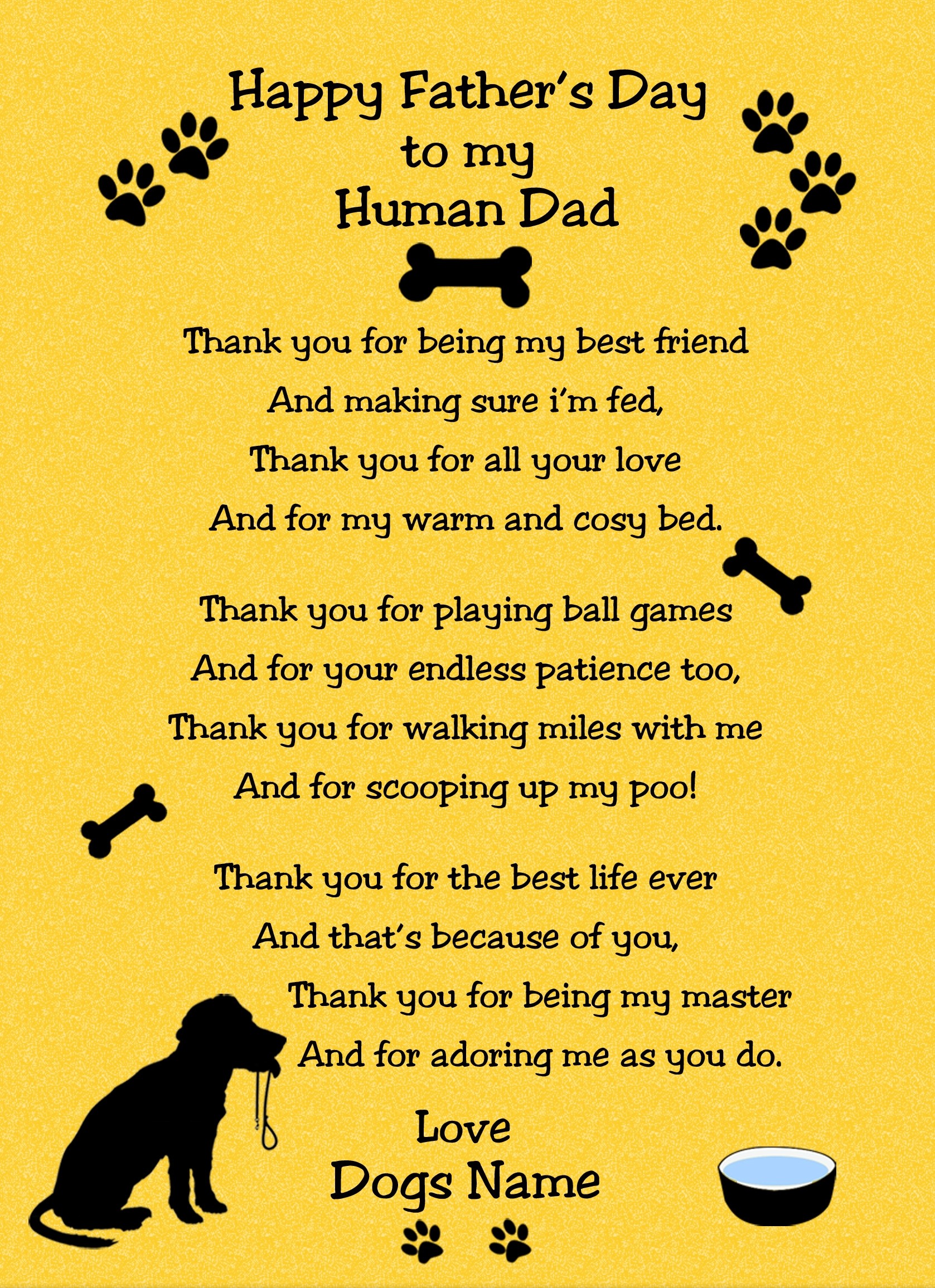 Personalised From The Dog Fathers Day Verse Poem Card (Yellow, Human Dad)
