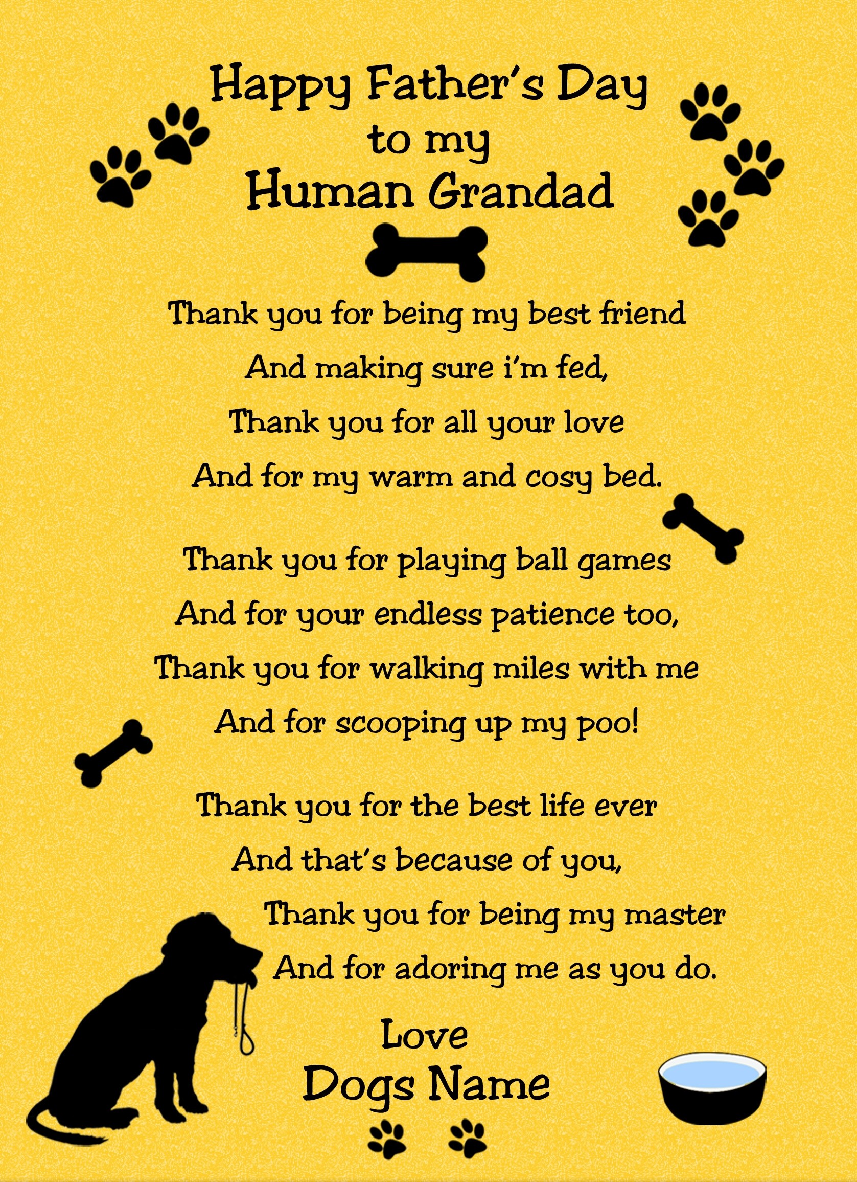 Personalised From The Dog Fathers Day Verse Poem Card (Yellow, Human Grandad)