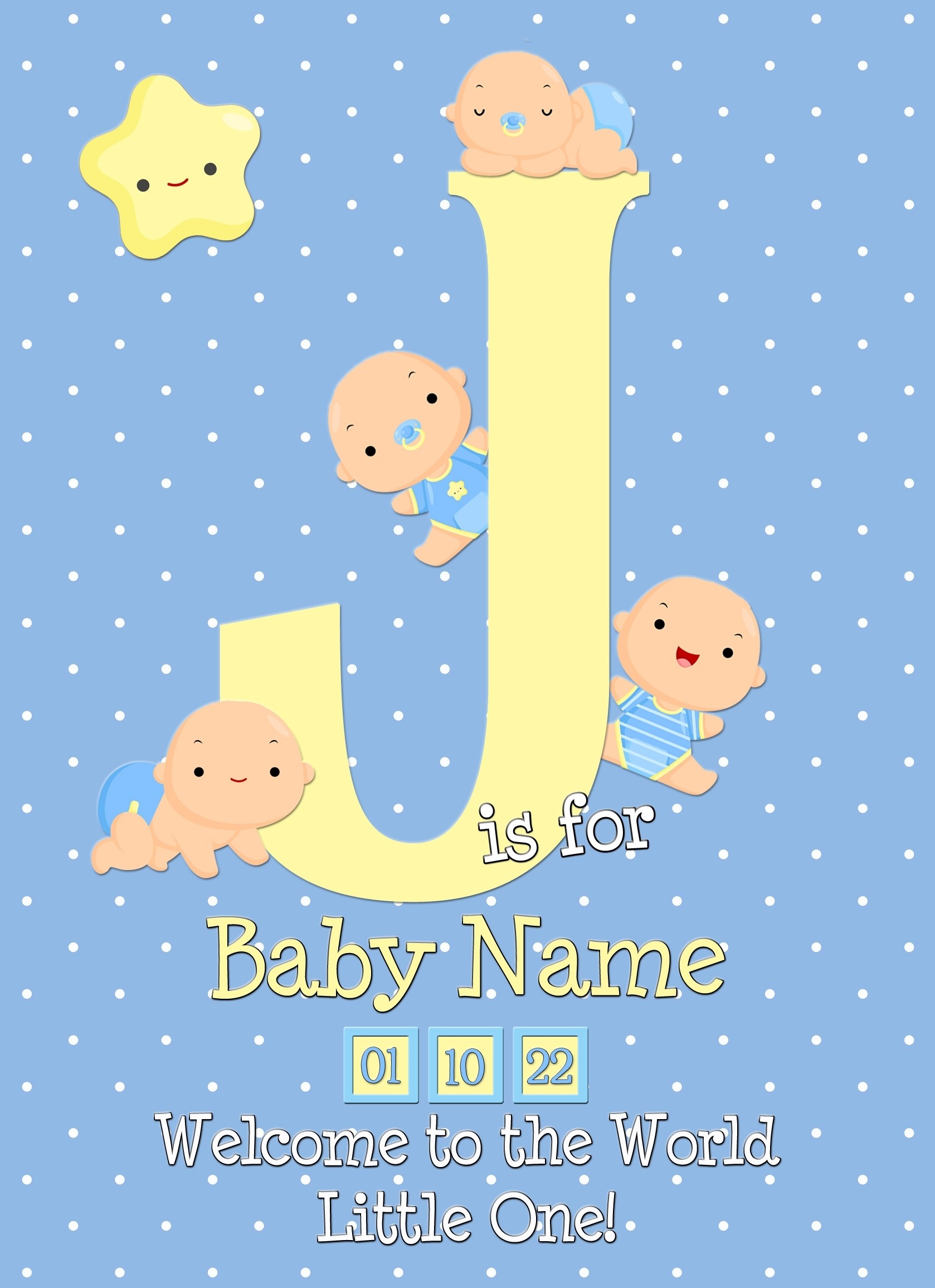 Personalised Baby Boy Birth Greeting Card (Name Starting With 'J')