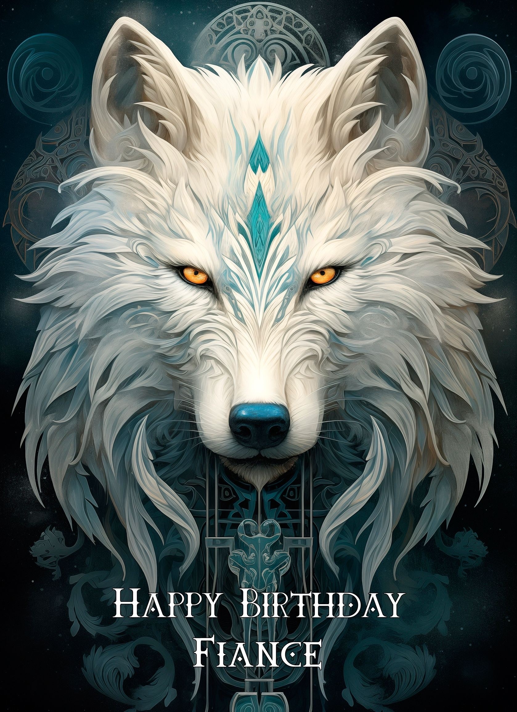 Tribal Wolf Art Birthday Card For Fiance (Design 1)