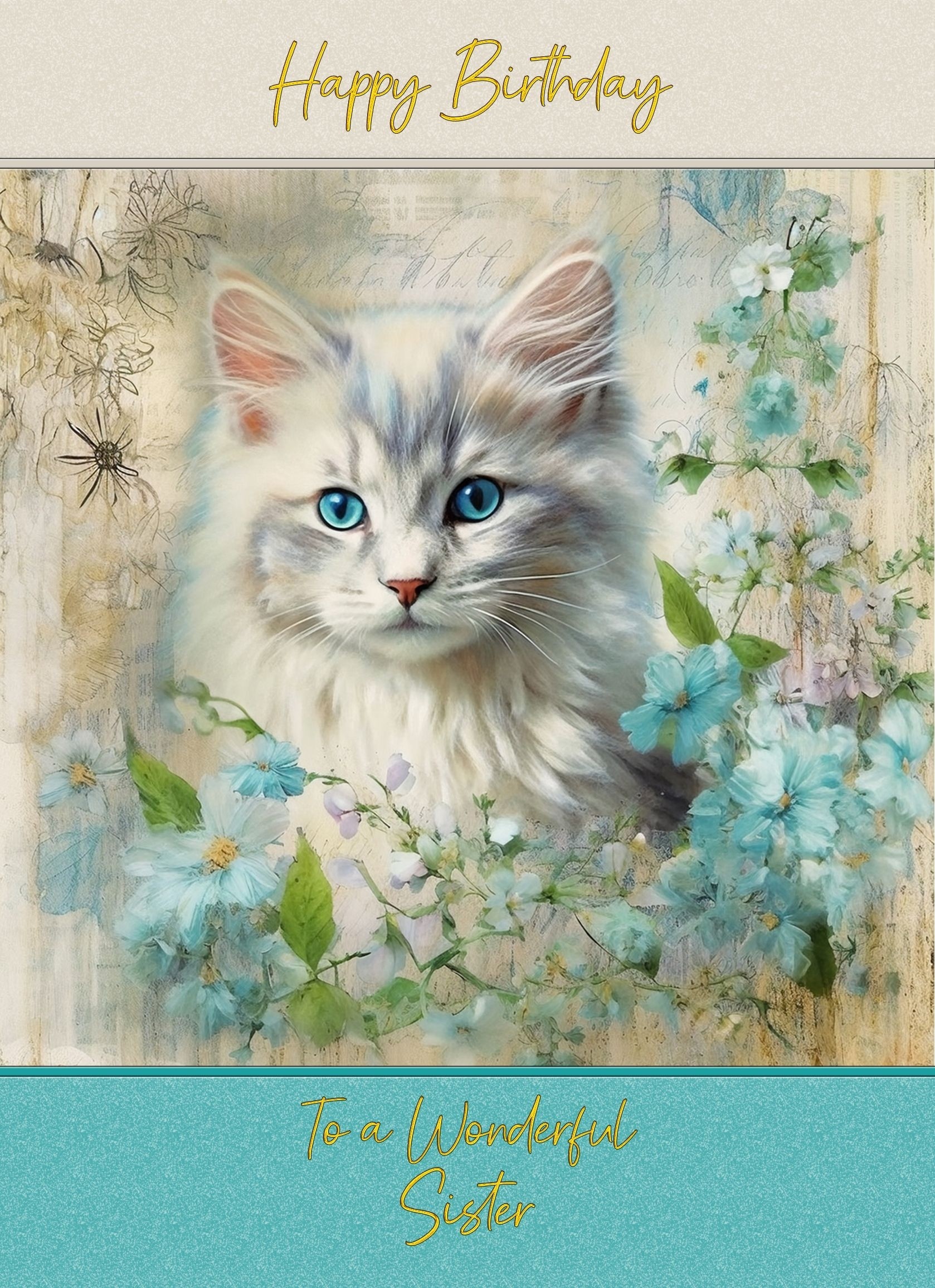 Cat Art Birthday Card for Sister (Design 2)