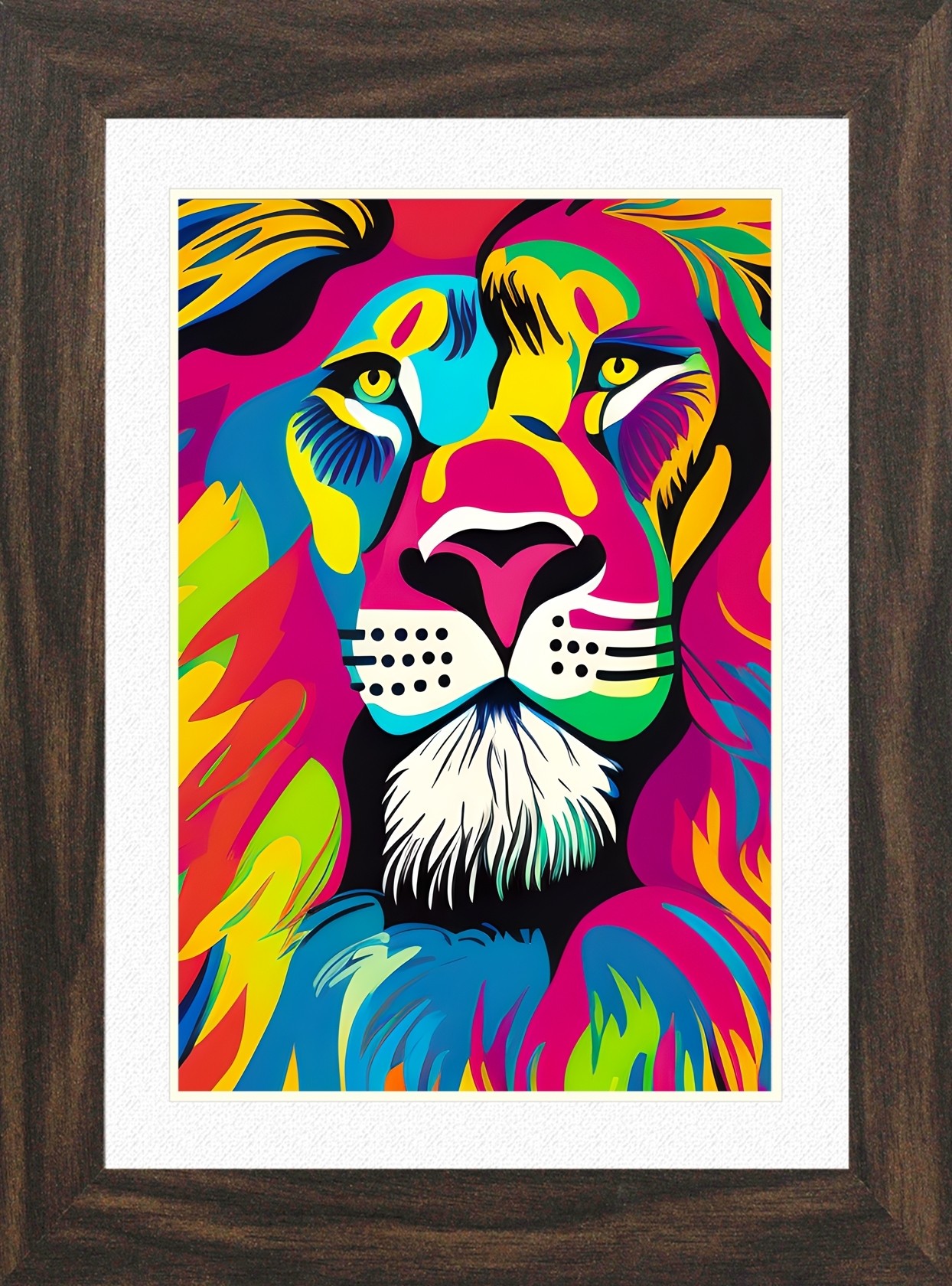 Lion Animal Picture Framed Colourful Abstract Art (A3 Walnut Frame)