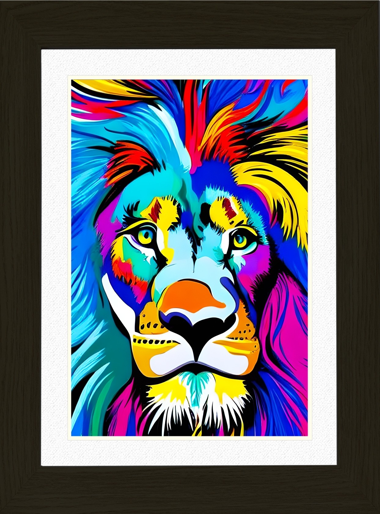 Lion Animal Picture Framed Colourful Abstract Art (25cm x 20cm Black Frame)