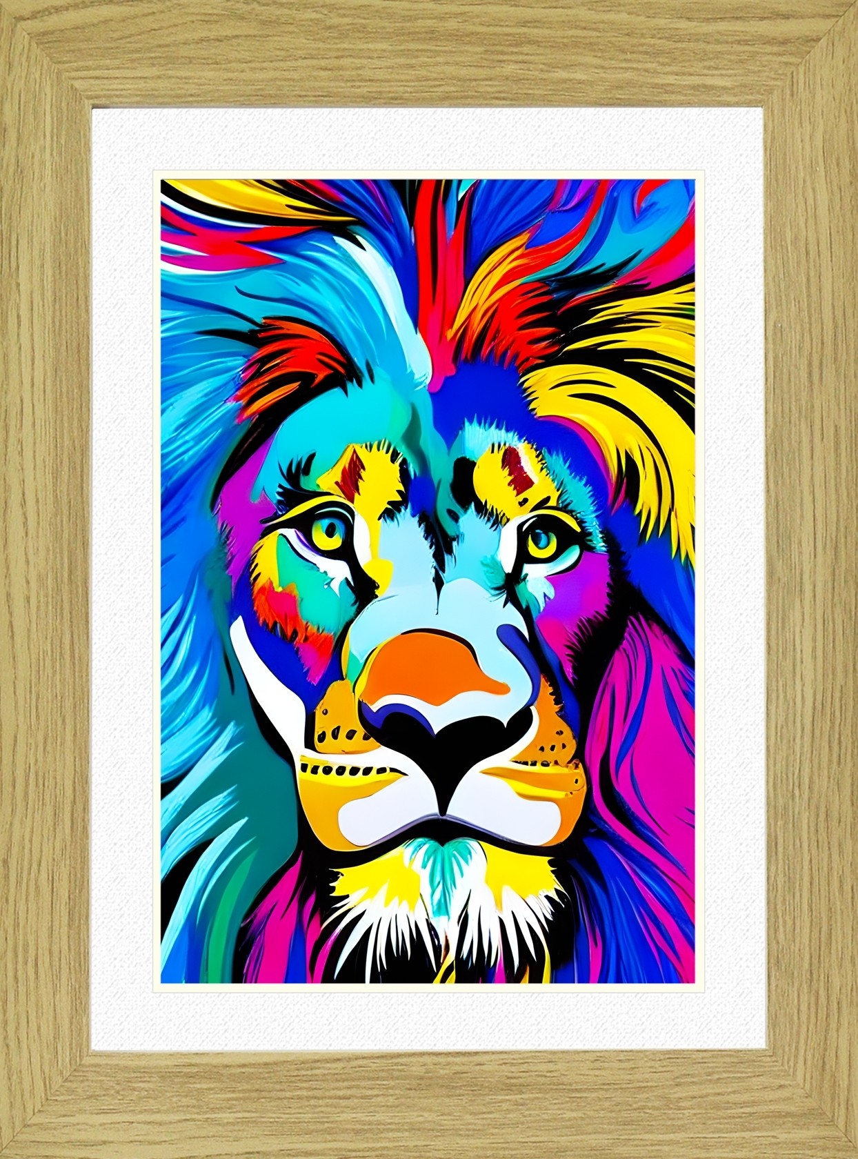 Lion Animal Picture Framed Colourful Abstract Art (25cm x 20cm Light Oak Frame)