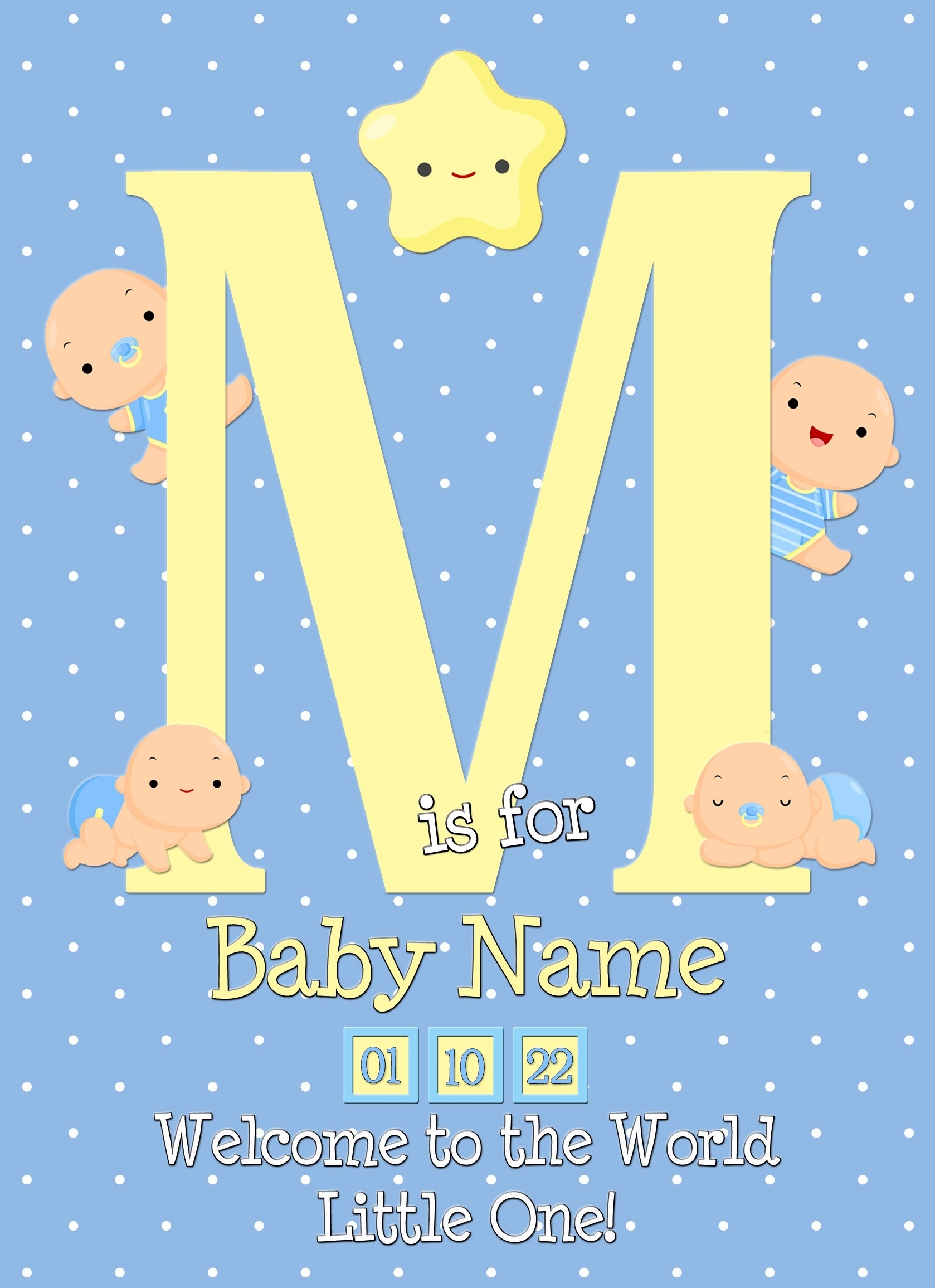 Personalised Baby Boy Birth Greeting Card (Name Starting With 'M')