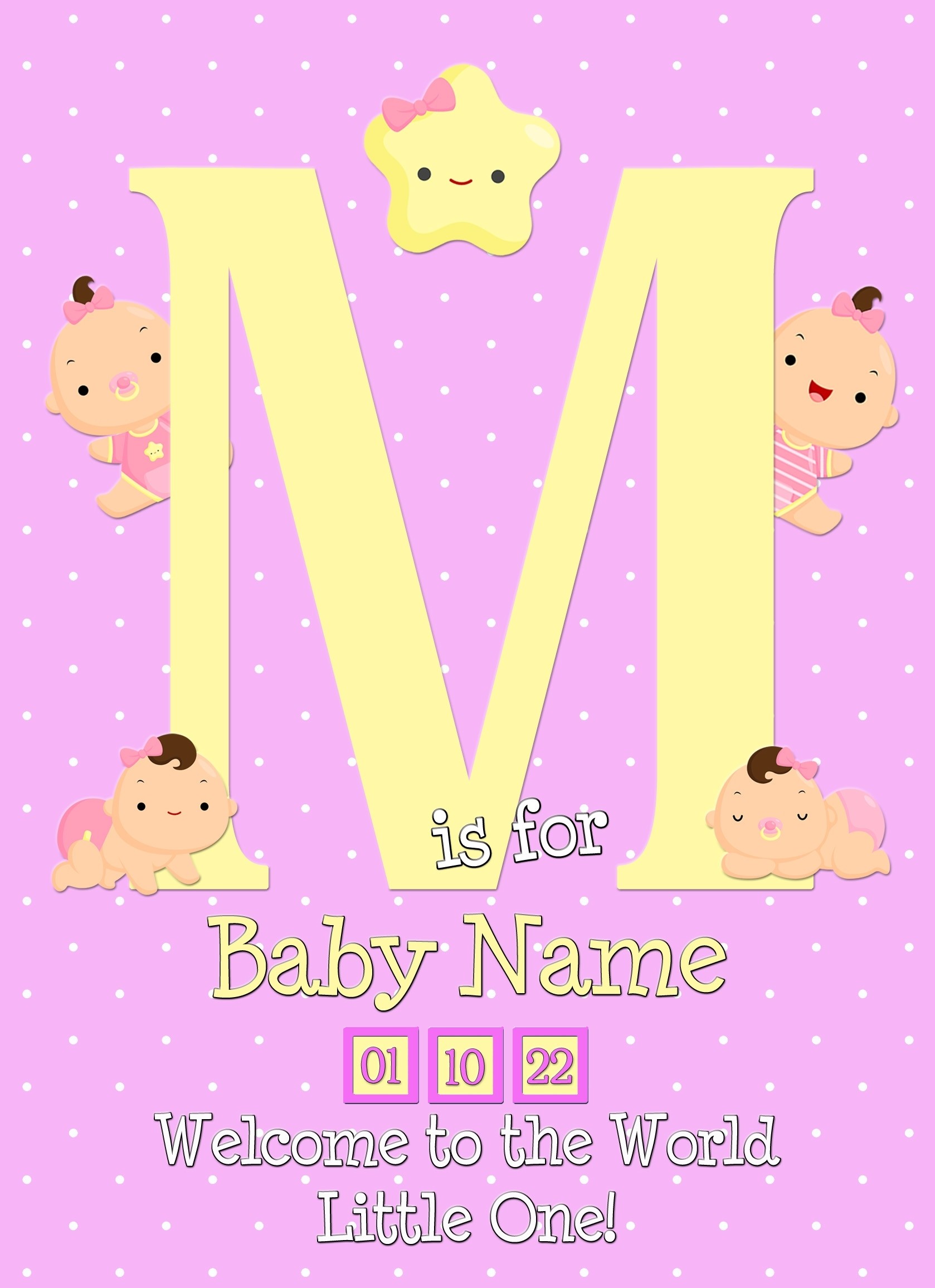 Personalised Baby Girl Birth Greeting Card (Name Starting With 'M')