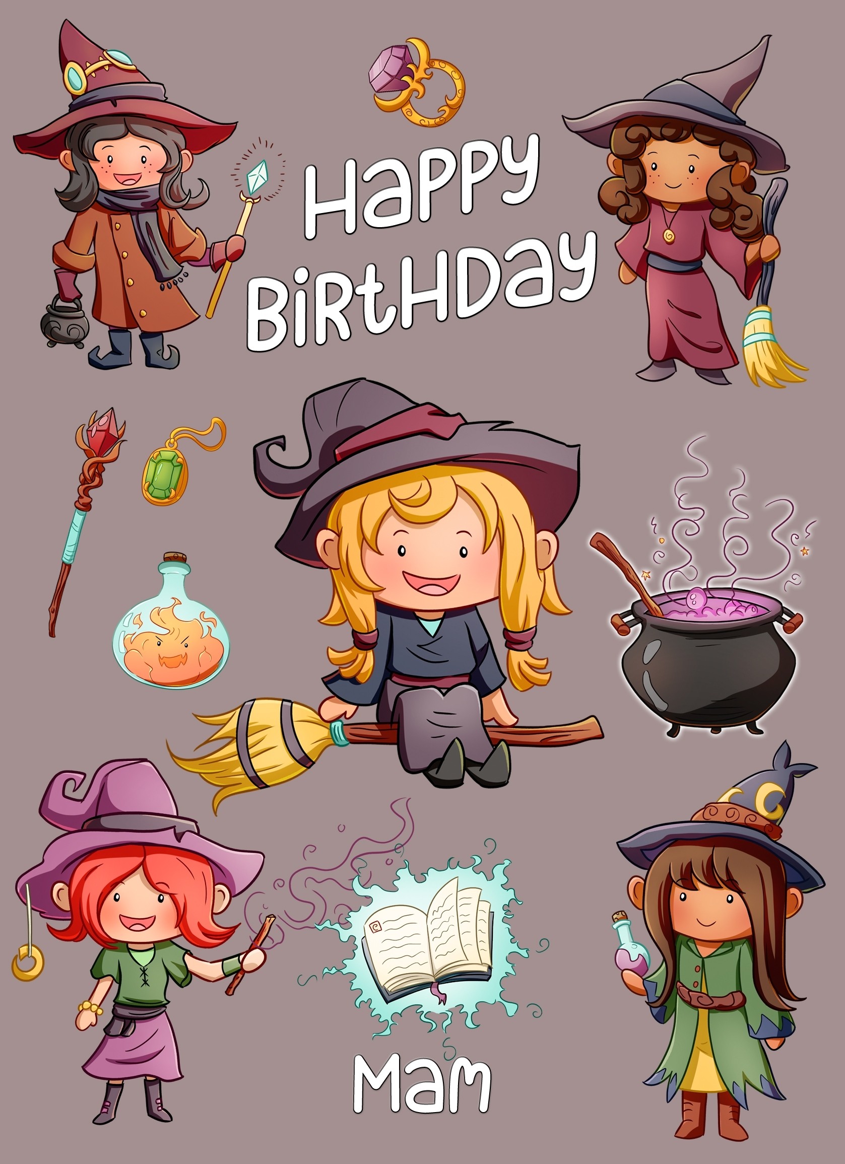 Birthday Card For Mam (Witch, Cartoon)