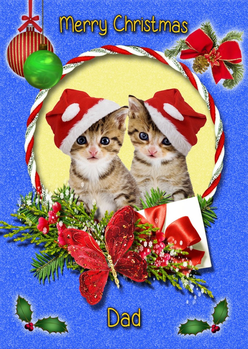 Cat/Kitten Christmas Card Blue 'Merry Christmas Dad'