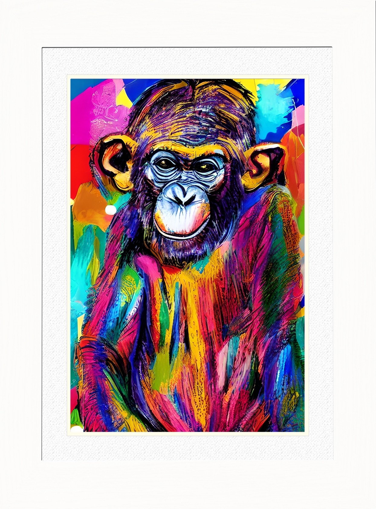 Monkey Chimpanzee Animal Picture Framed Colourful Abstract Art (A4 White Frame)