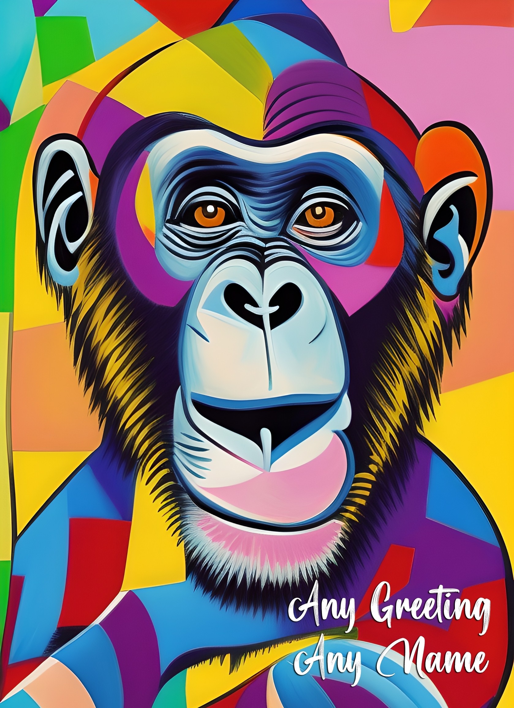 Personalised Monkey Chimpanzee Animal Colourful Abstract Art Blank Greeting Card (Birthday, Fathers Day, Any Occasion)