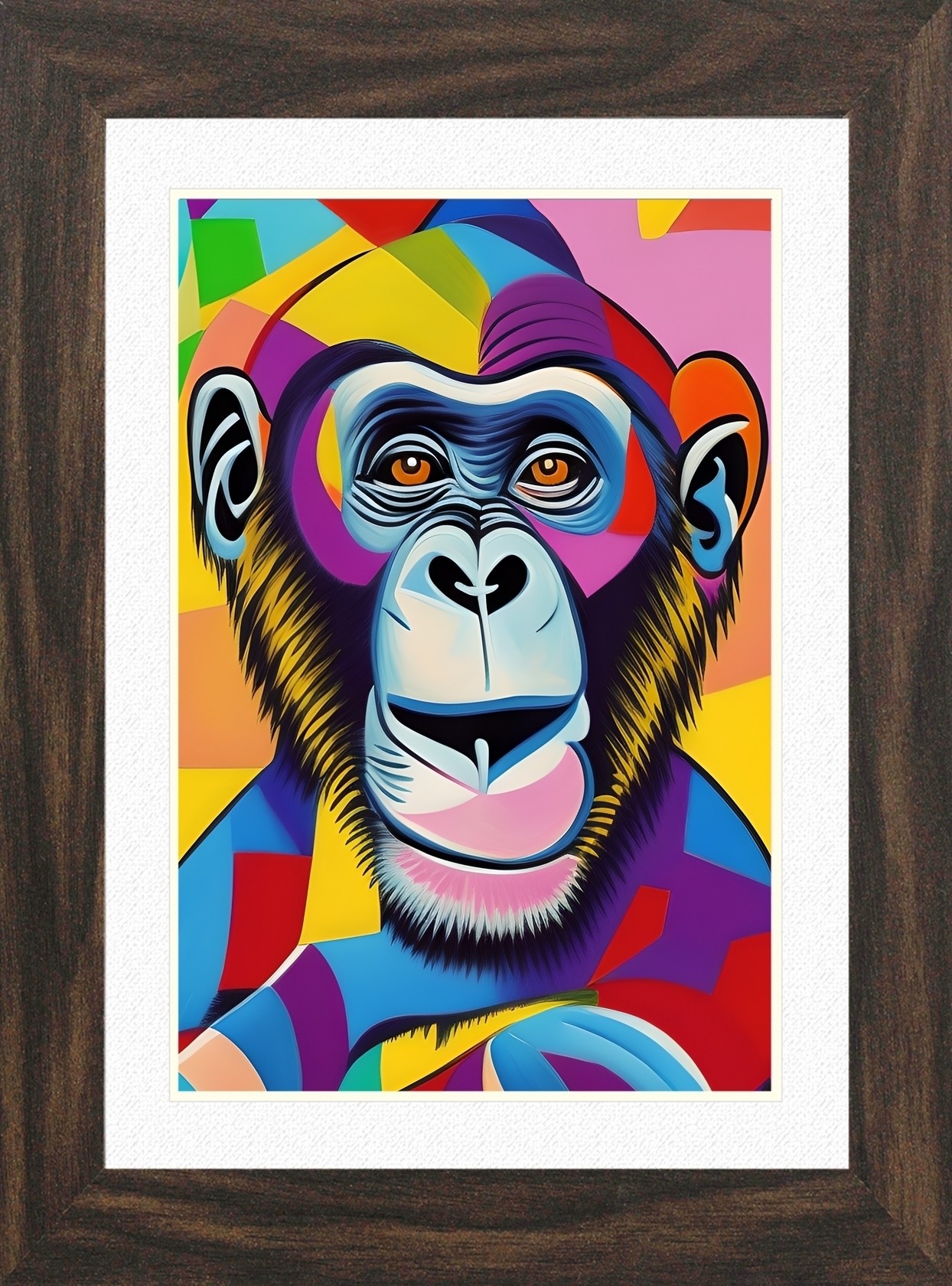 Monkey Chimpanzee Animal Picture Framed Colourful Abstract Art (25cm x 20cm Walnut Frame)