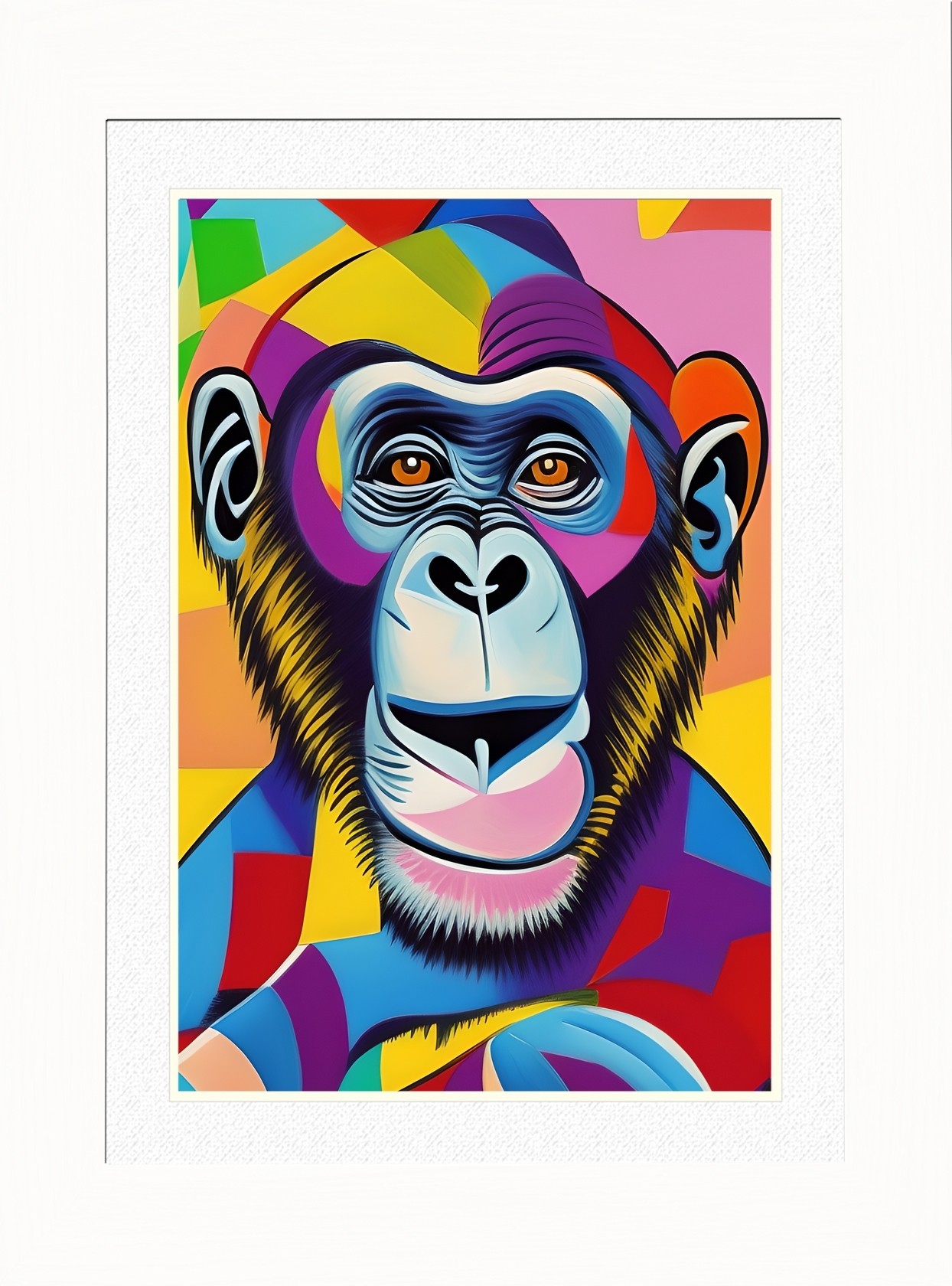 Monkey Chimpanzee Animal Picture Framed Colourful Abstract Art (A4 White Frame)