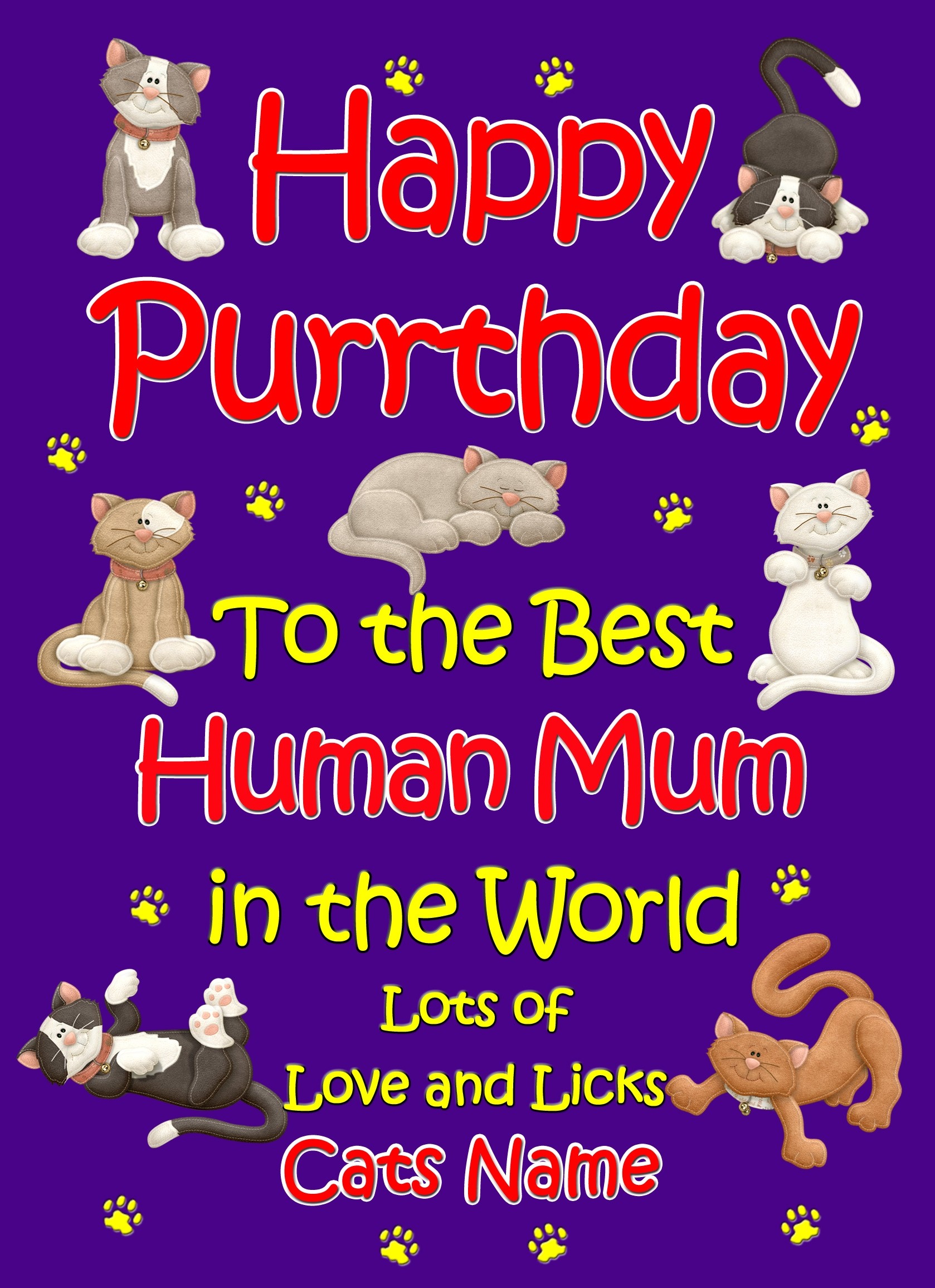Personalised From The Cat Birthday Card (Purple, Human Mum, Happy Purrthday)