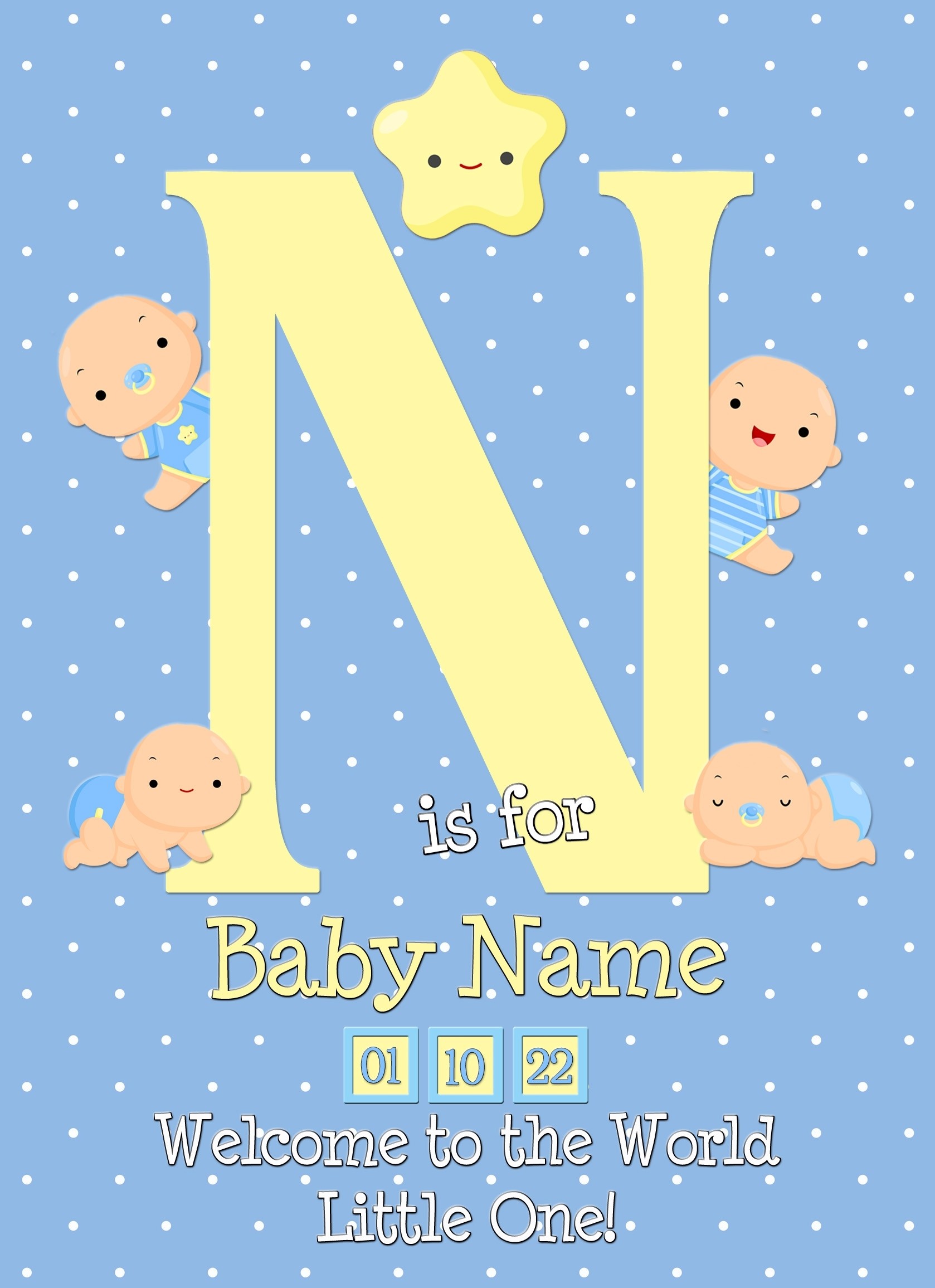 Personalised Baby Boy Birth Greeting Card (Name Starting With 'N')