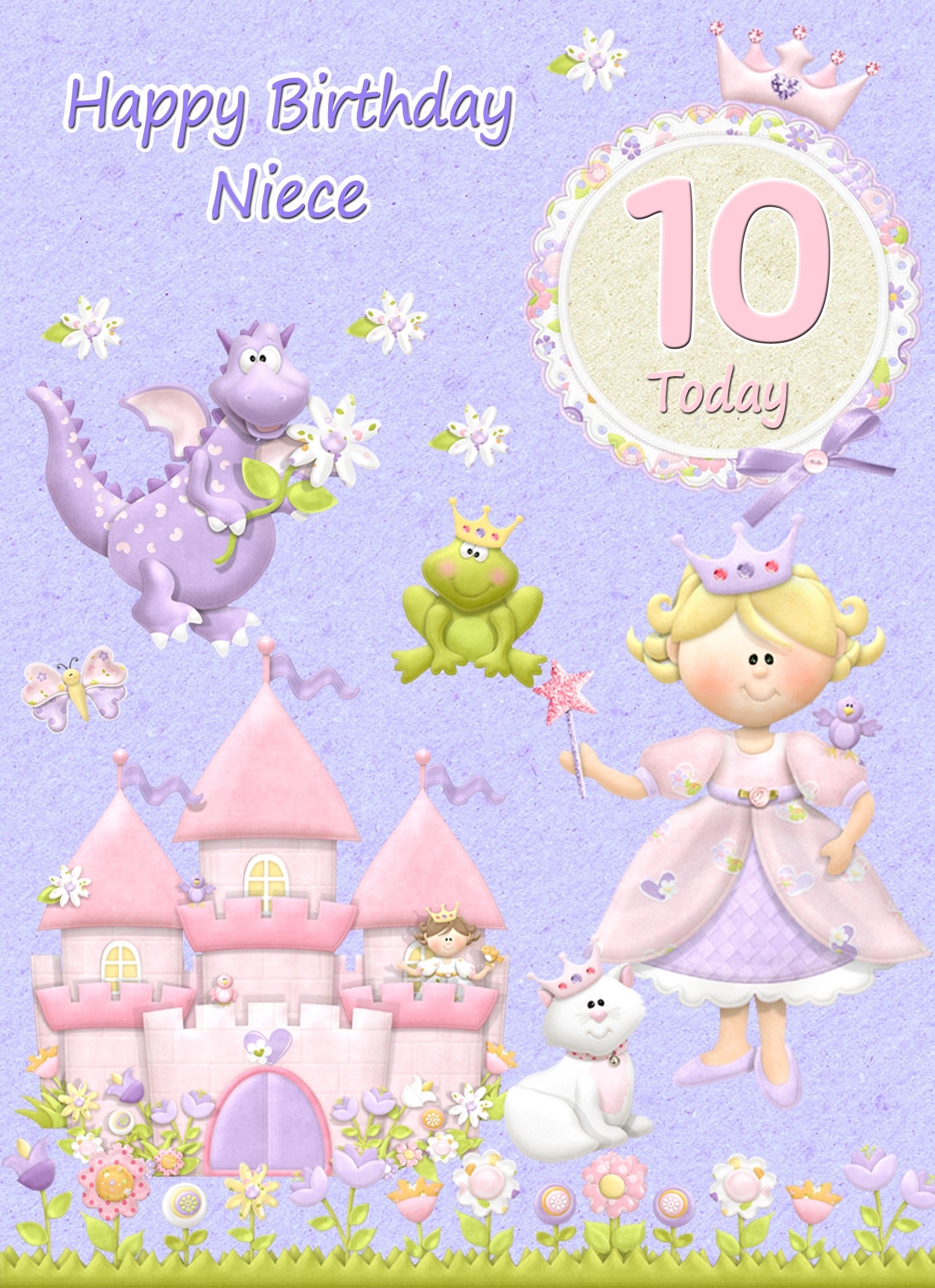 Kids 10th Birthday Princess Cartoon Card for Niece