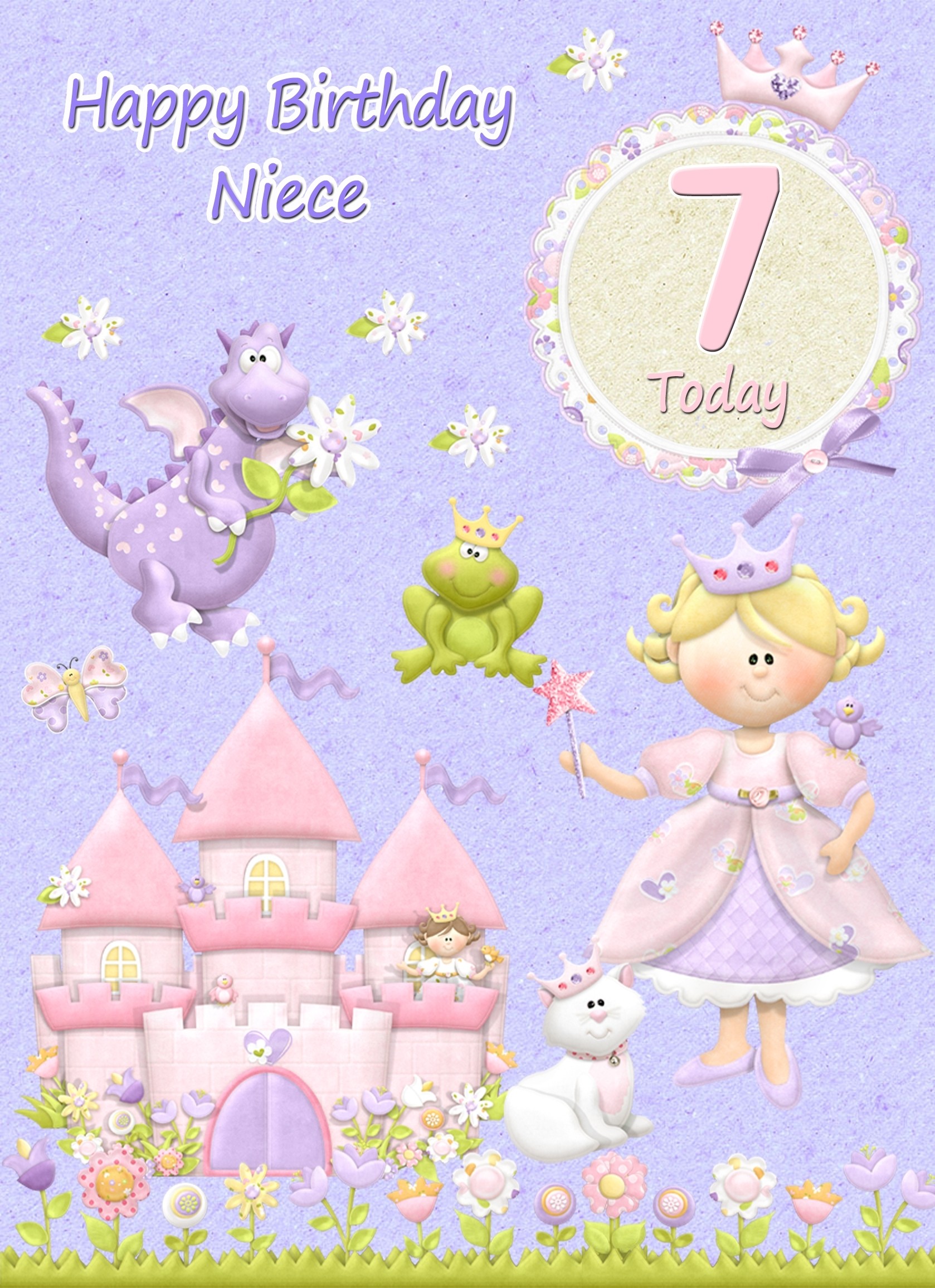 Kids 7th Birthday Princess Cartoon Card for Niece