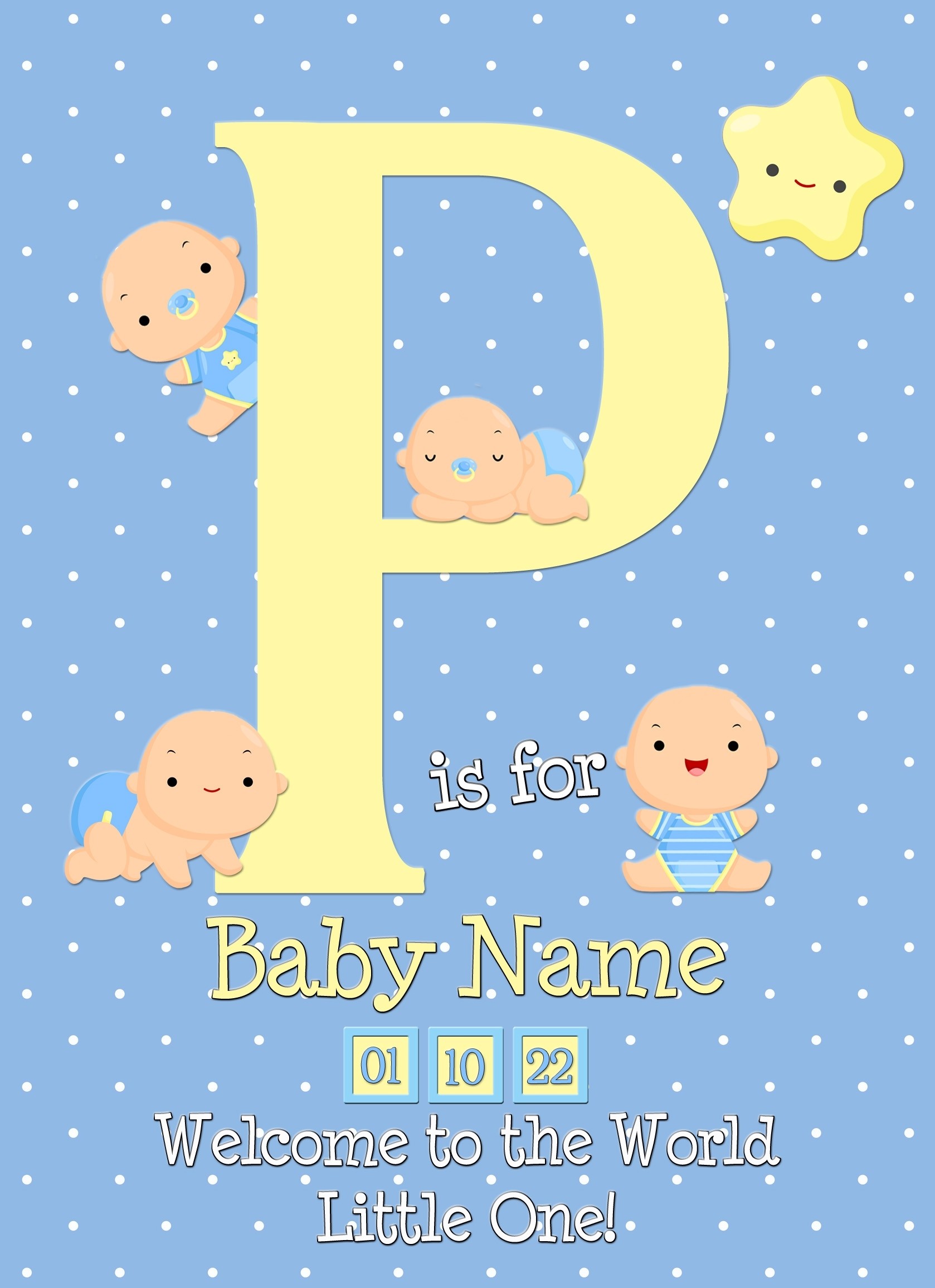 Personalised Baby Boy Birth Greeting Card (Name Starting With 'P')