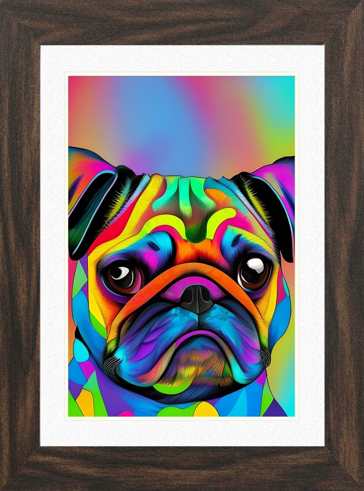 Pug Dog Picture Framed Colourful Abstract Art (30cm x 25cm Walnut Frame)