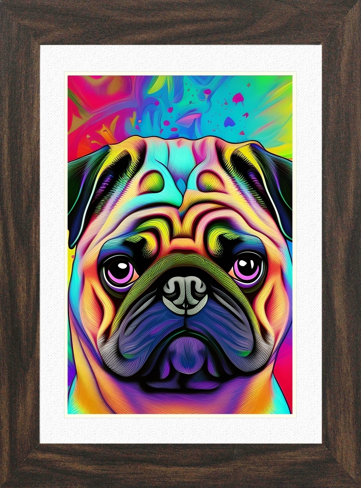 Pug Dog Picture Framed Colourful Abstract Art (25cm x 20cm Walnut Frame)