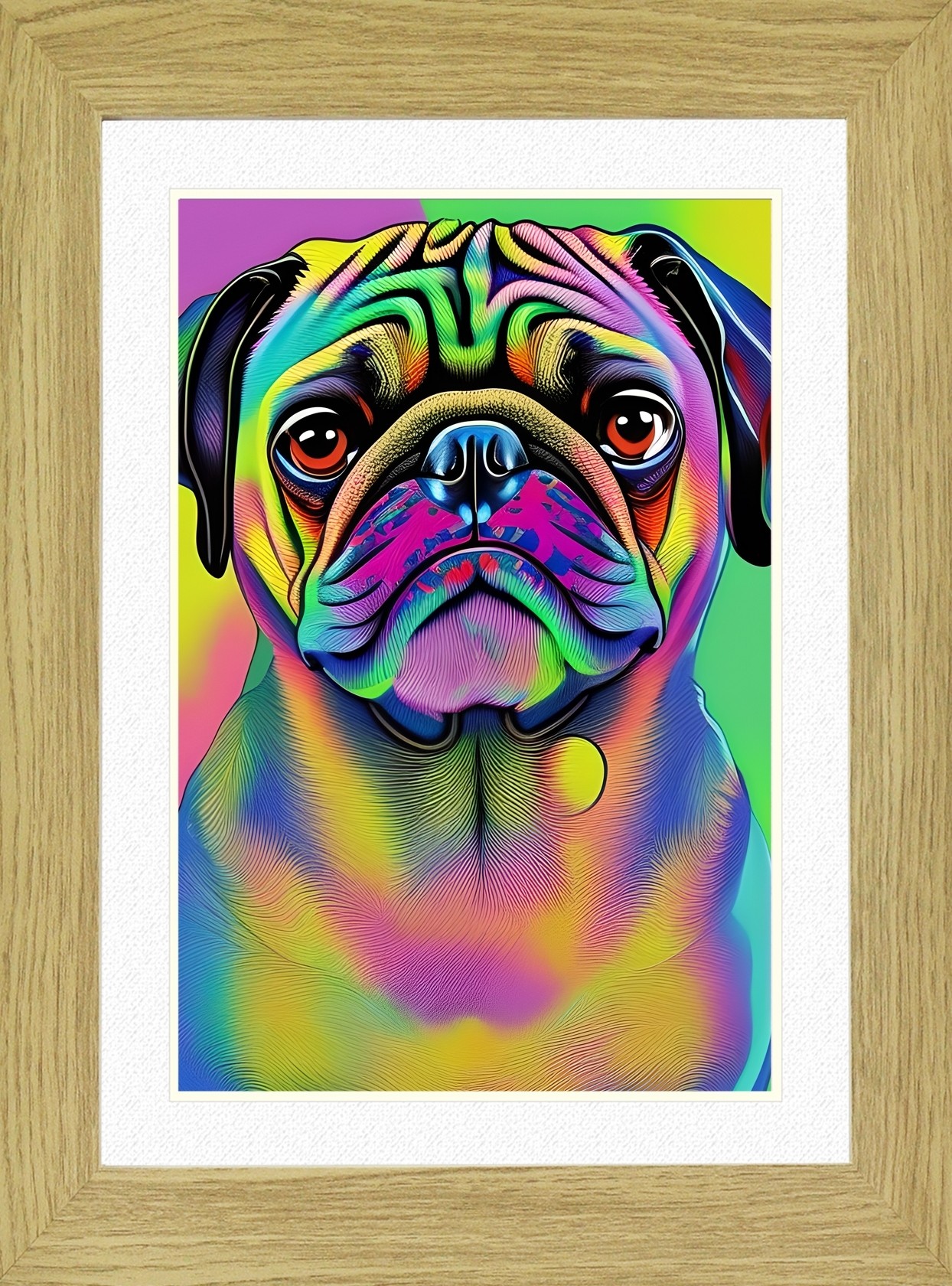 Pug Dog Picture Framed Colourful Abstract Art (A3 Light Oak Frame)