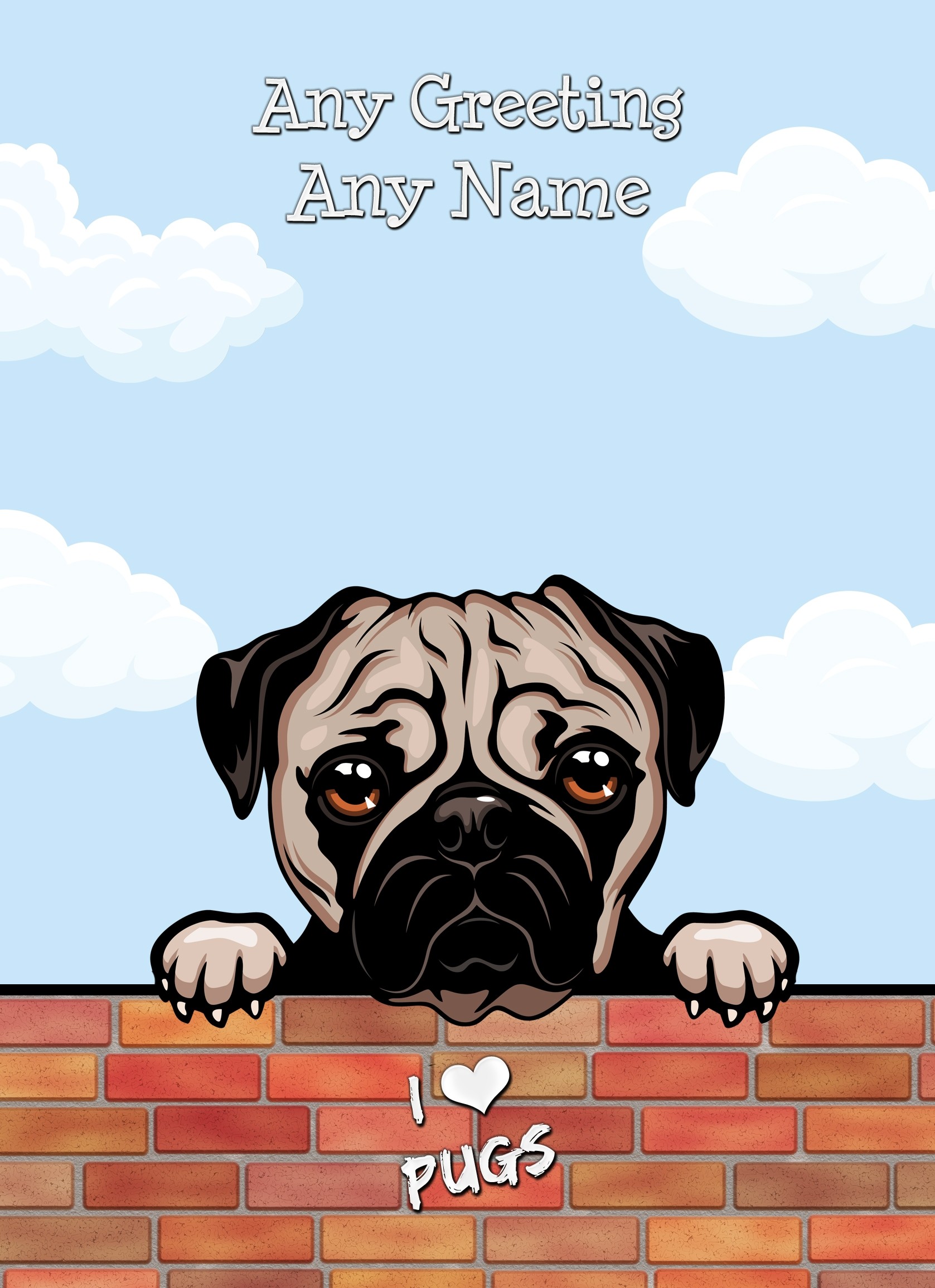 Personalised Pug Dog Birthday Card (Art, Clouds)