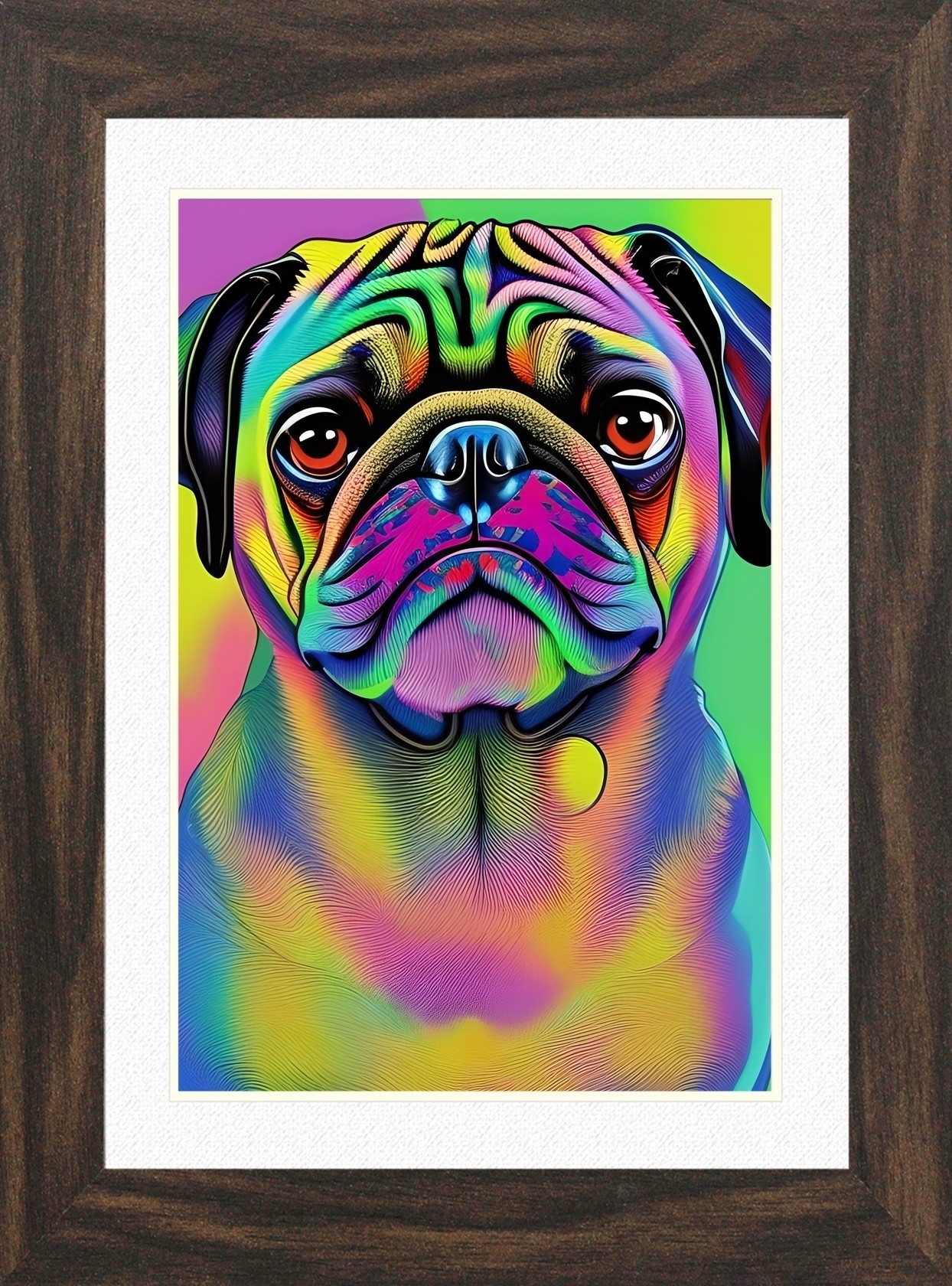 Pug Dog Picture Framed Colourful Abstract Art (30cm x 25cm Walnut Frame)