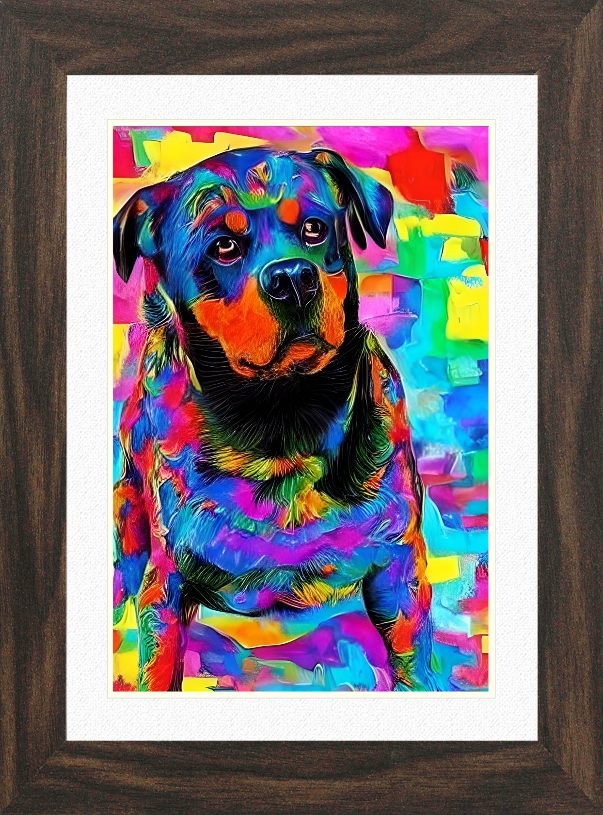 Rottweiler Dog Picture Framed Colourful Abstract Art (25cm x 20cm Walnut Frame)