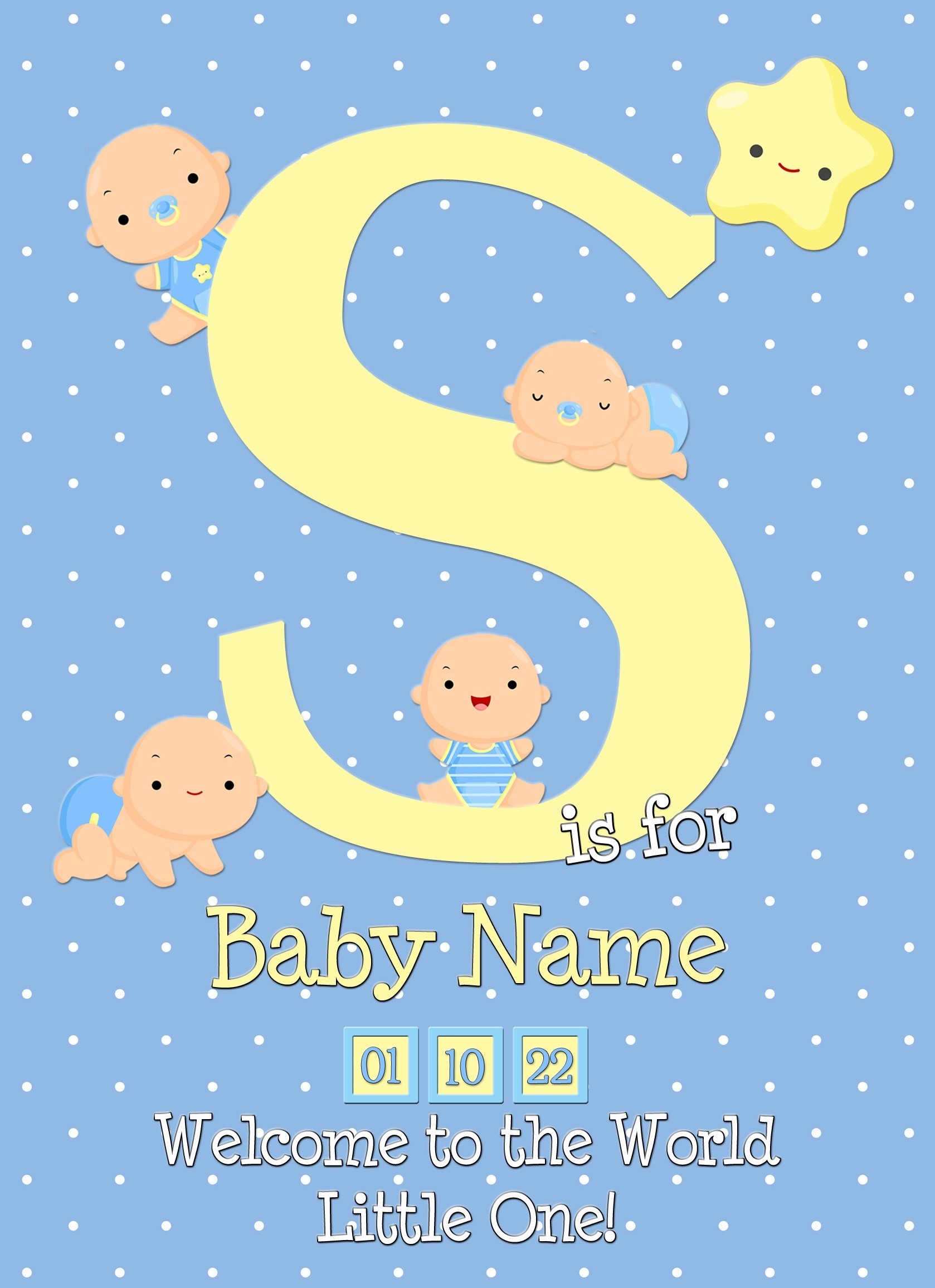 Personalised Baby Boy Birth Greeting Card (Name Starting With 'S')