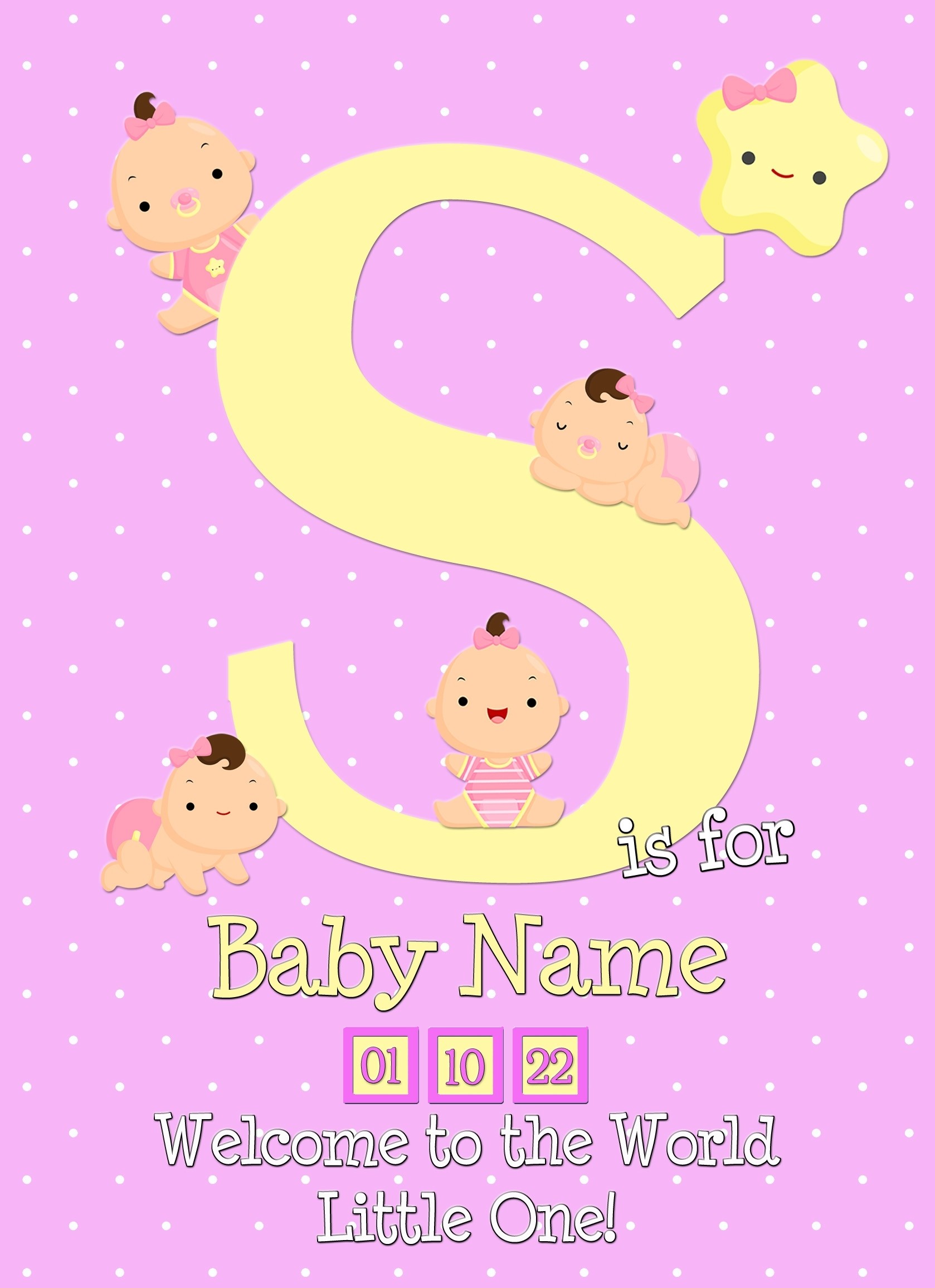 Personalised Baby Girl Birth Greeting Card (Name Starting With 'S')