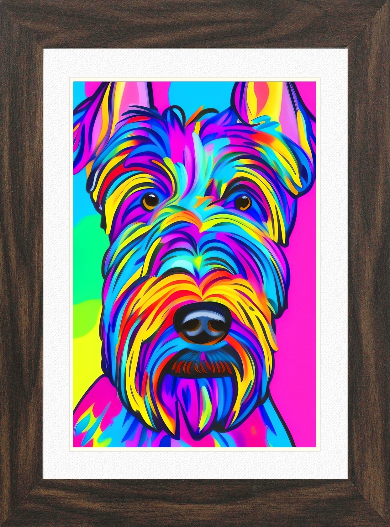 Scottish Terrier Dog Picture Framed Colourful Abstract Art (A3 Walnut Frame)