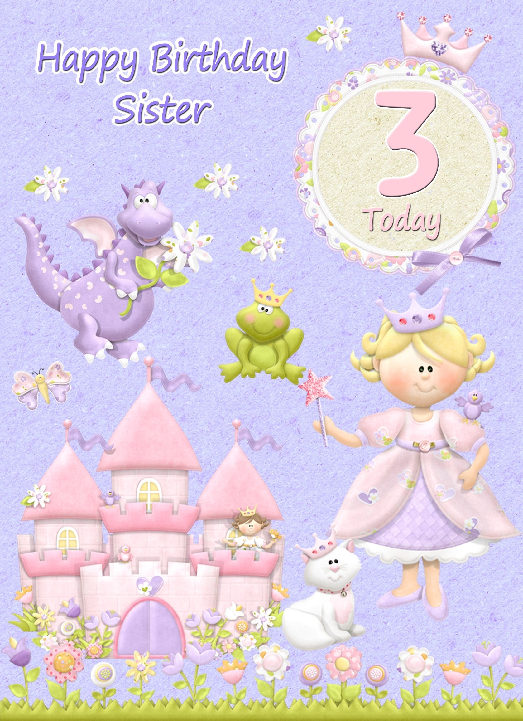 Kids 3rd Birthday Princess Cartoon Card for Sister