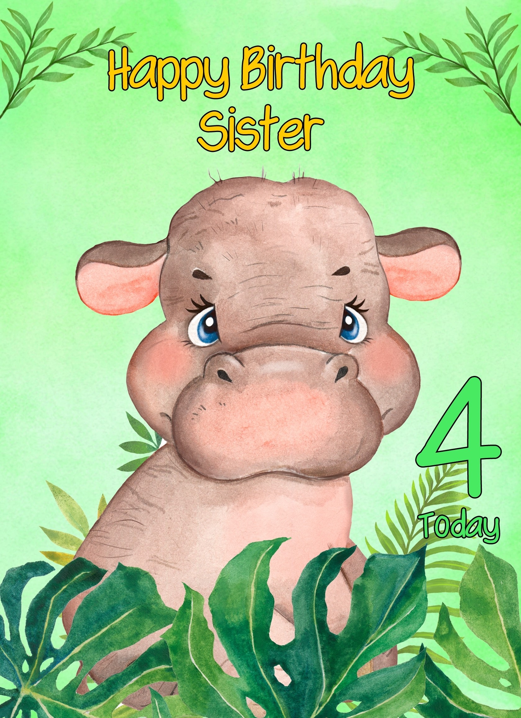 4th Birthday Card for Sister (Hippo)