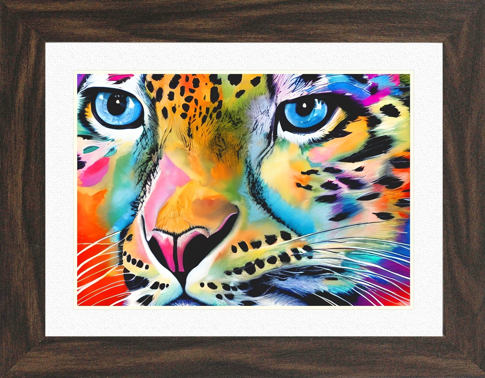 Snow Leopard Animal Picture Framed Colourful Abstract Art (A4 Walnut Frame)