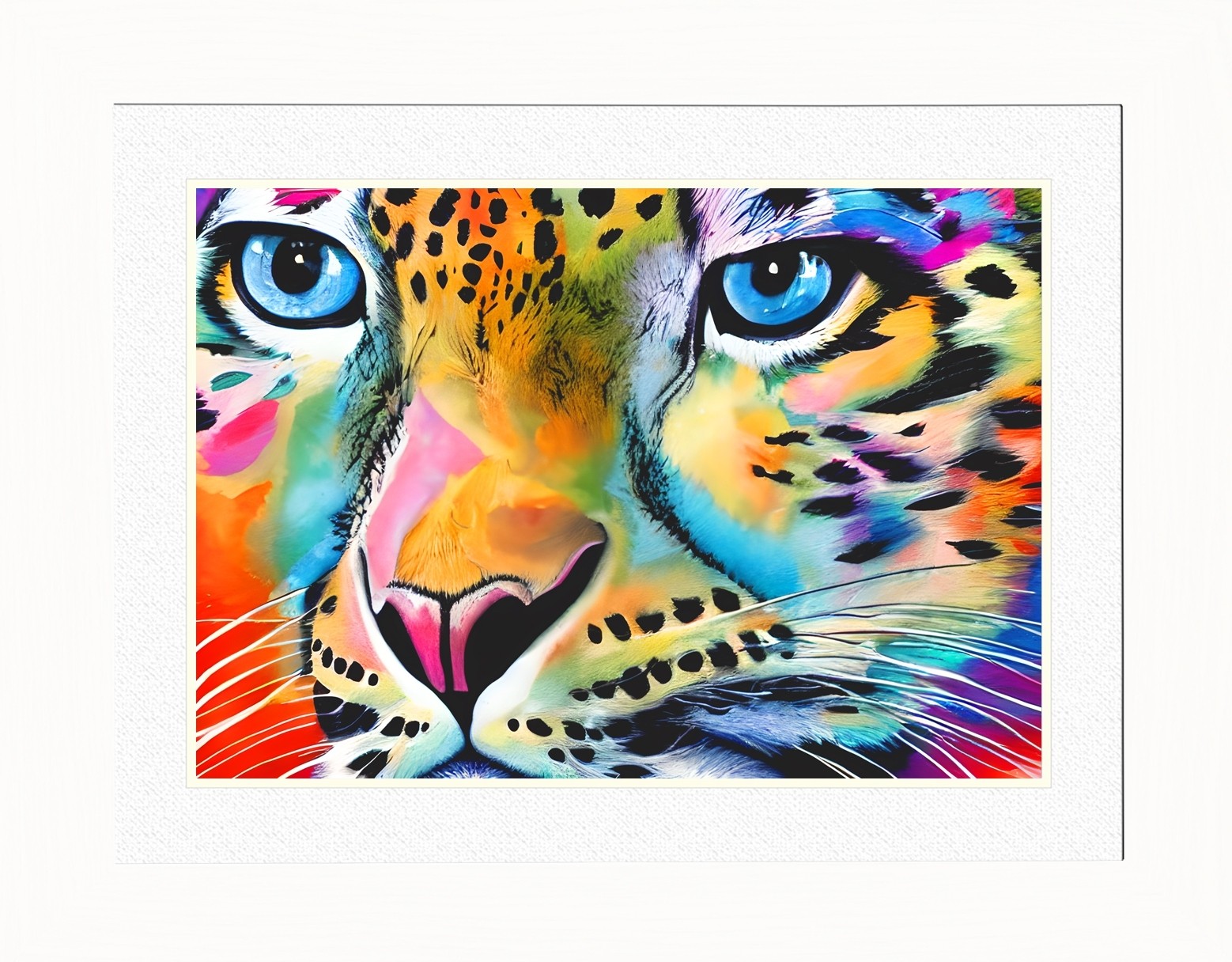 Snow Leopard Animal Picture Framed Colourful Abstract Art (A3 White Frame)