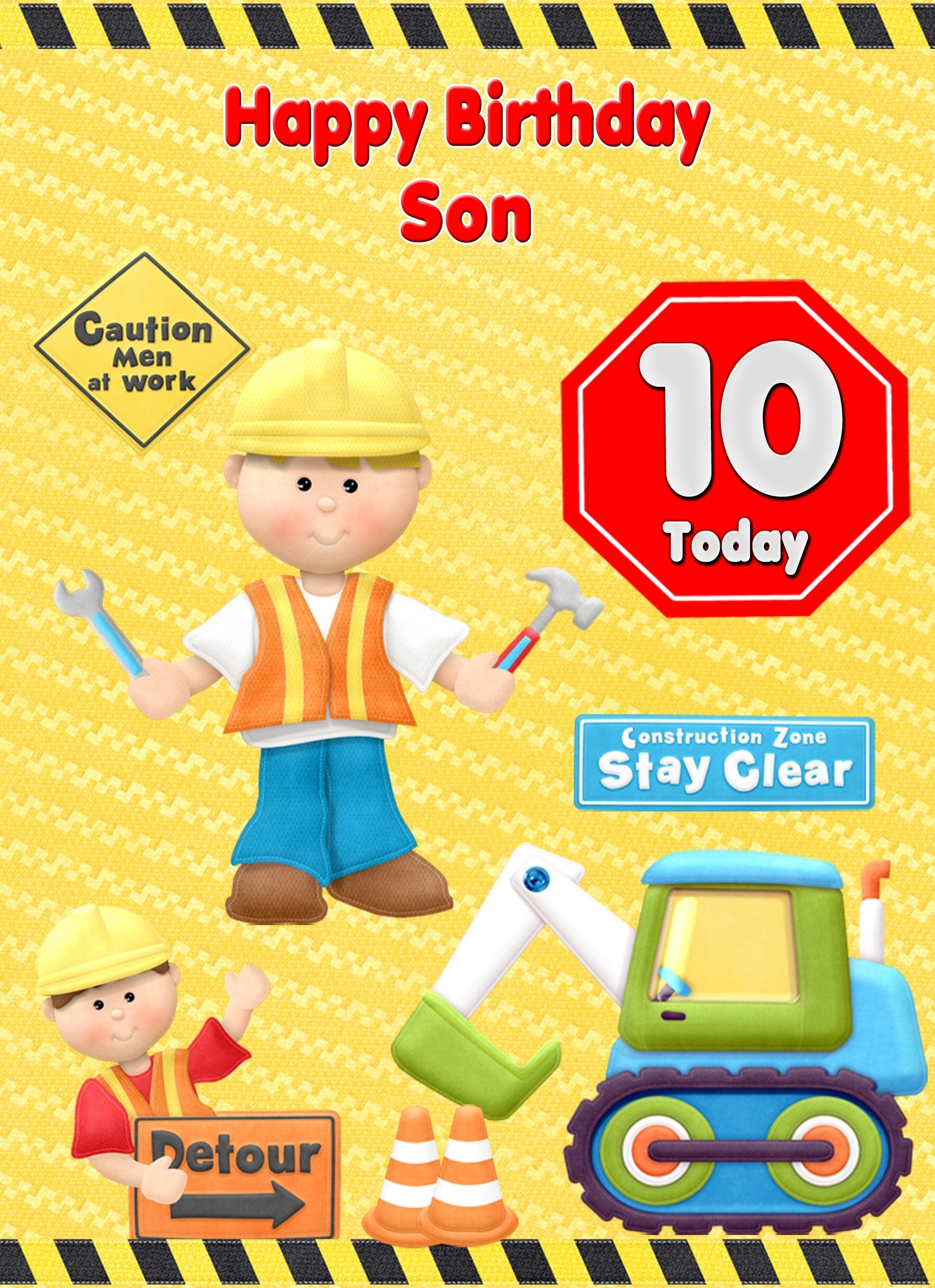 Kids 10th Birthday Builder Cartoon Card for Son