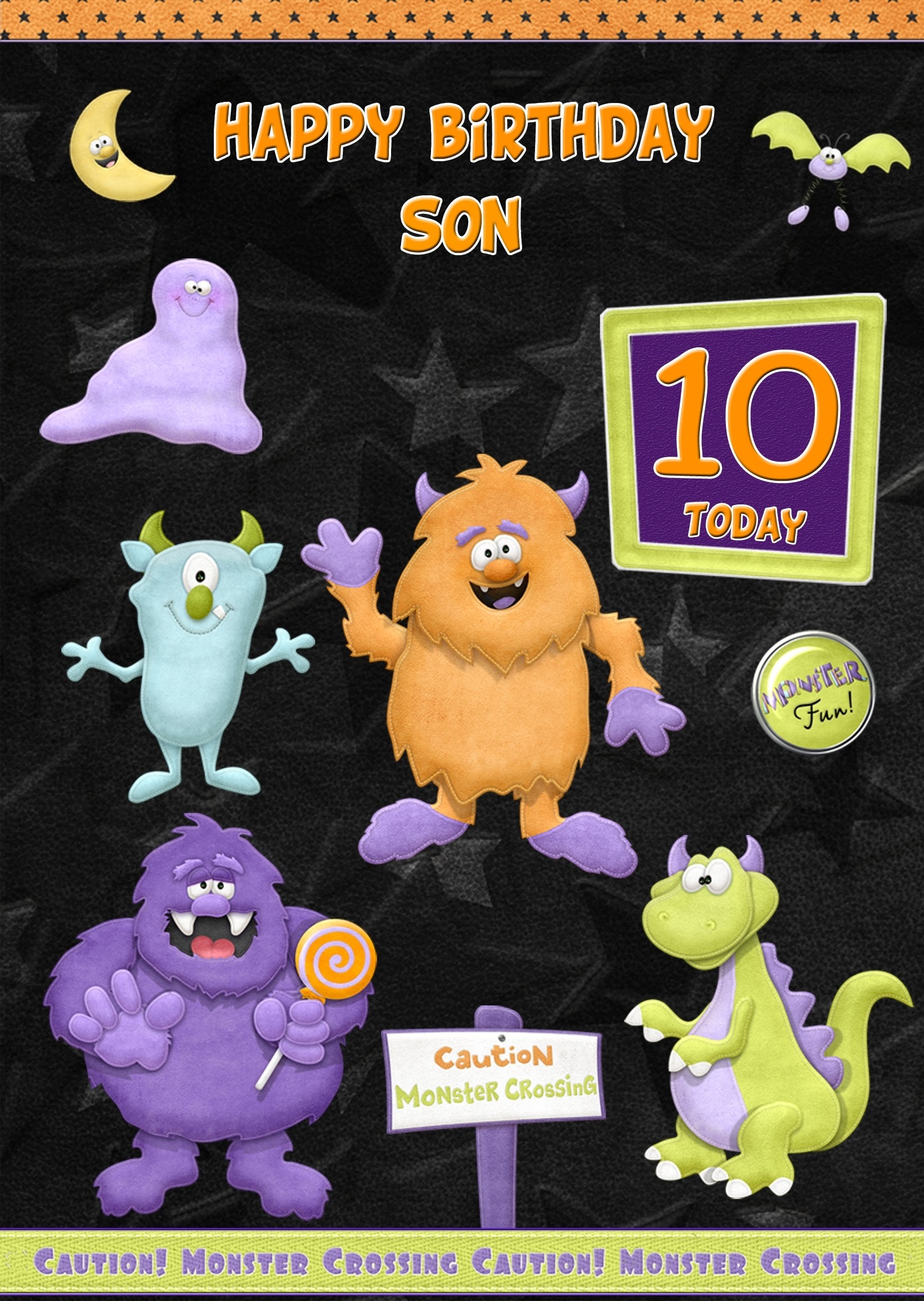 Kids 10th Birthday Funny Monster Cartoon Card for Son