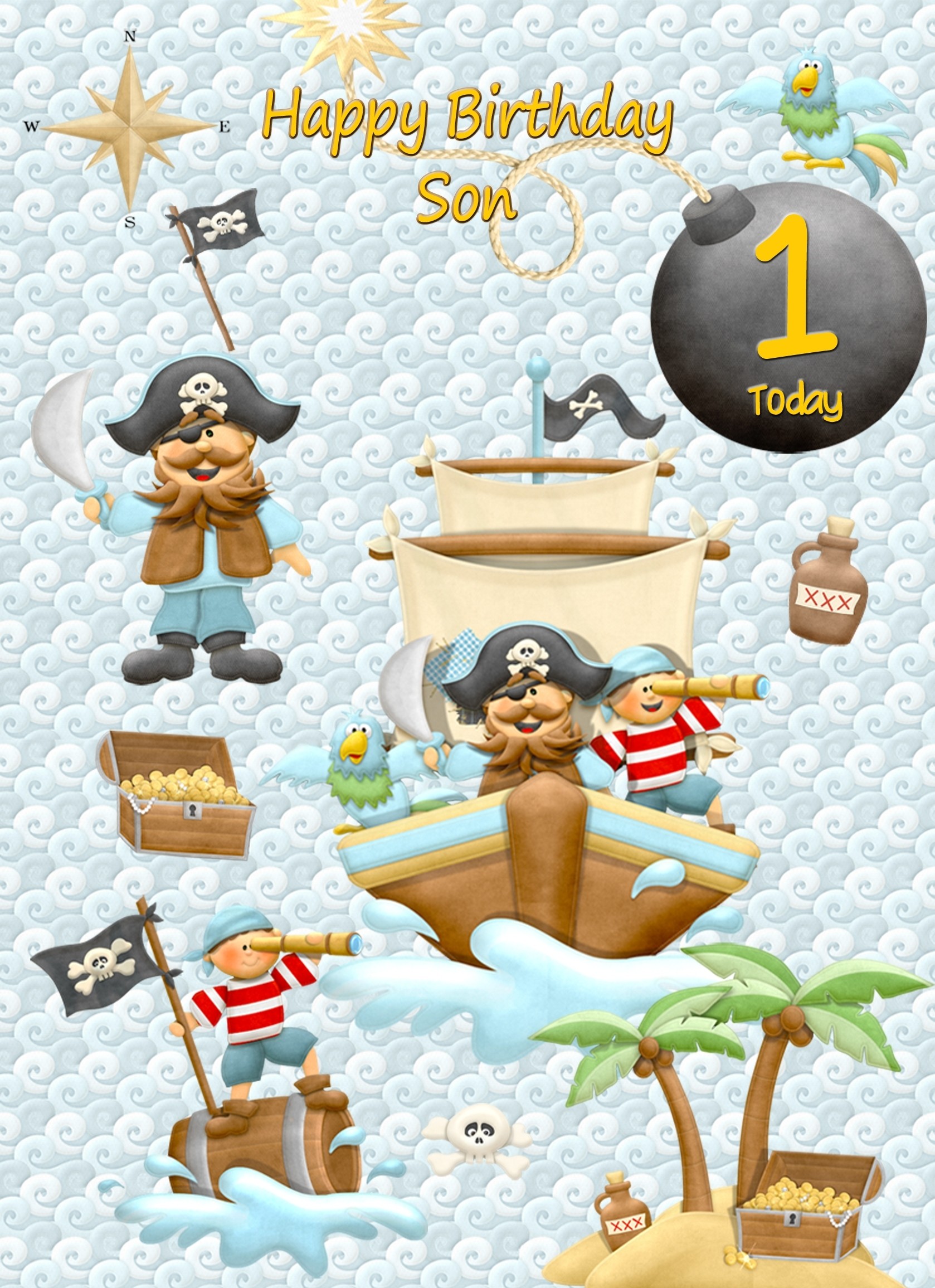 Kids 1st Birthday Pirate Cartoon Card for Son