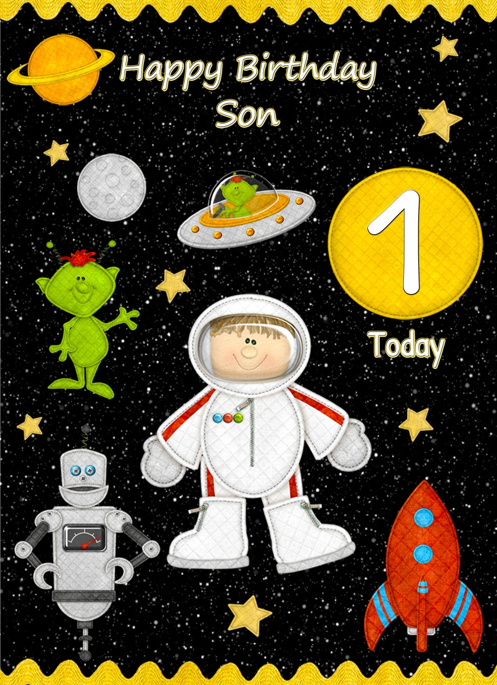 Kids 1st Birthday Space Astronaut Cartoon Card for Son