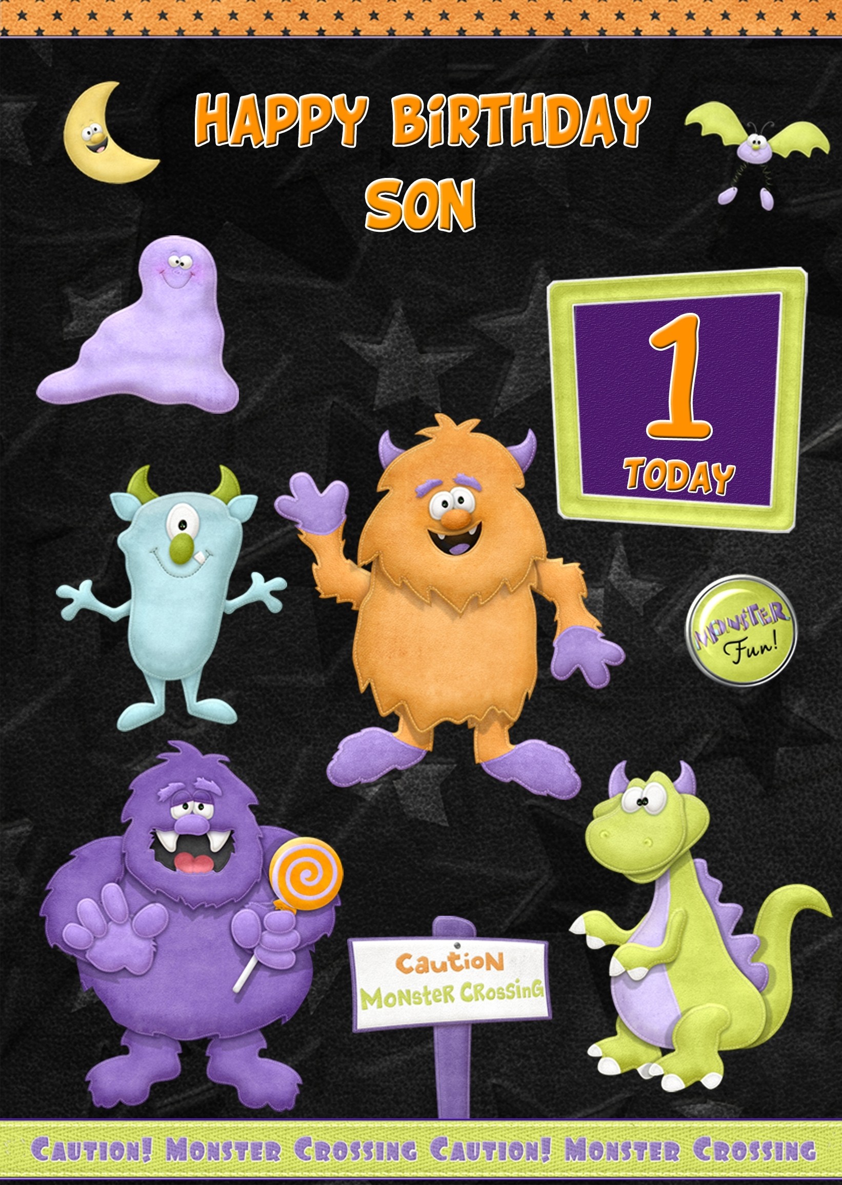 Kids 1st Birthday Funny Monster Cartoon Card for Son