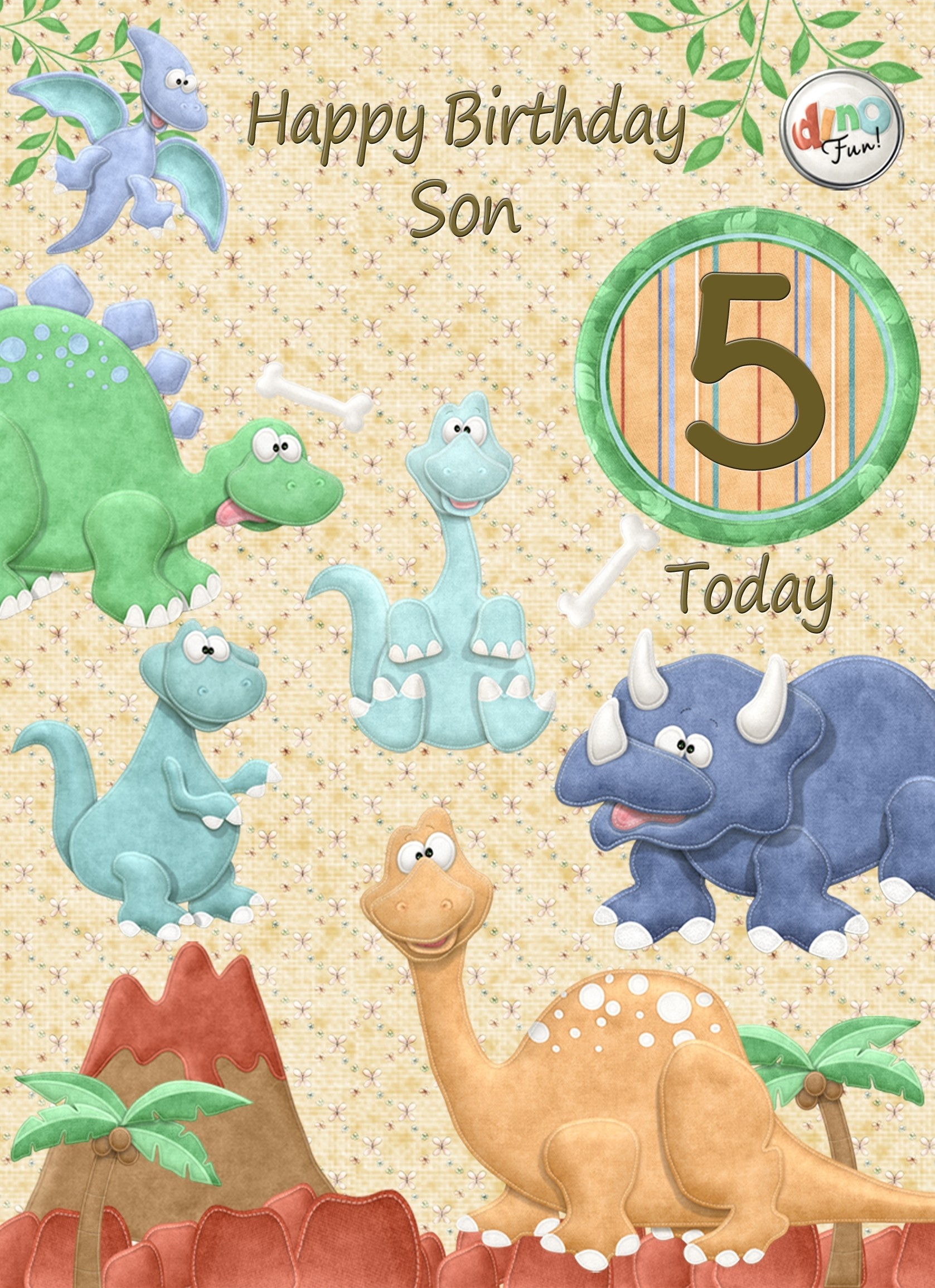 Kids 5th Birthday Dinosaur Cartoon Card for Son