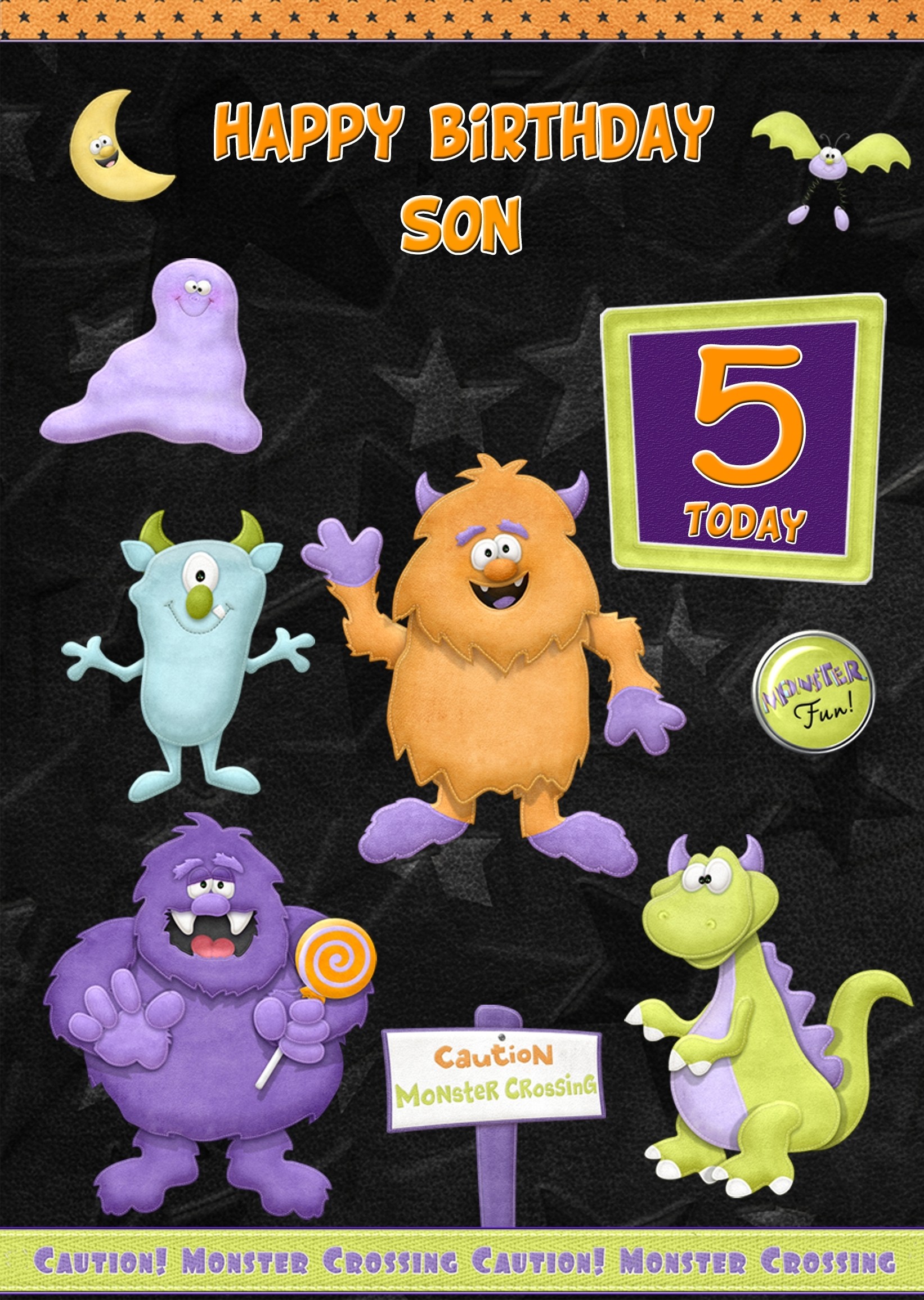 Kids 5th Birthday Funny Monster Cartoon Card for Son