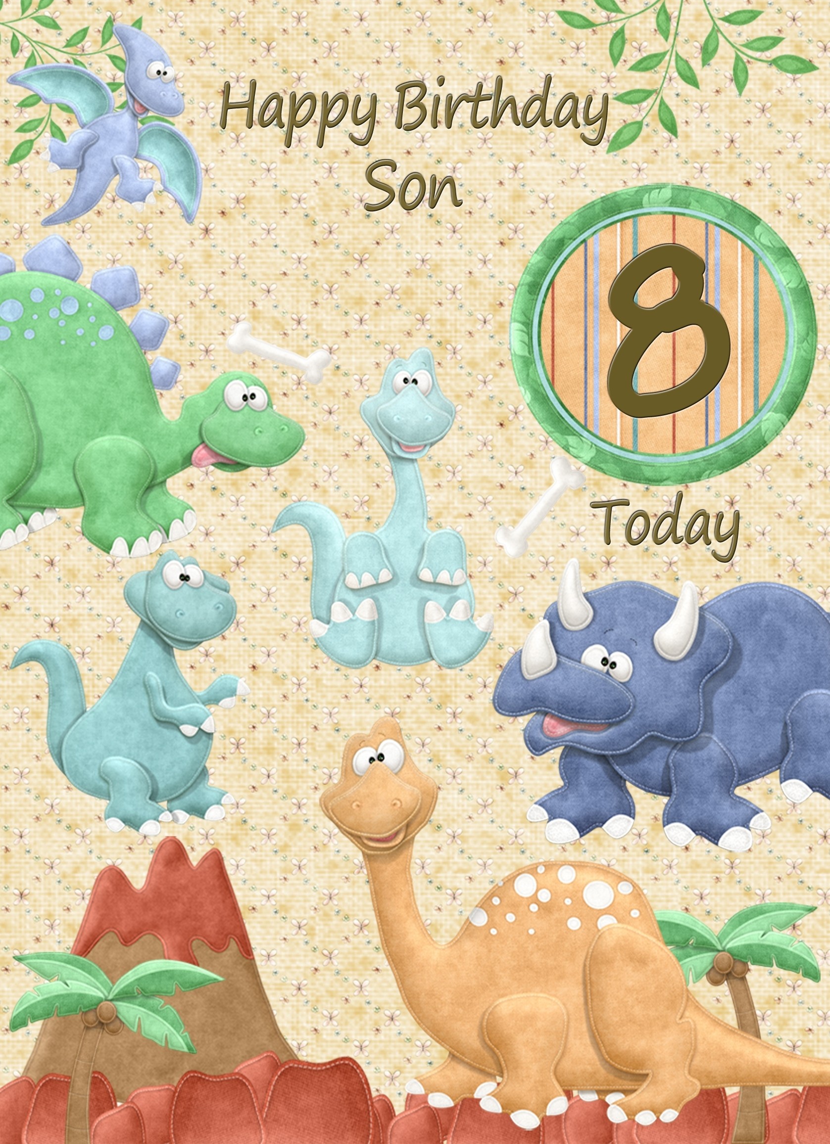 Kids 8th Birthday Dinosaur Cartoon Card for Son