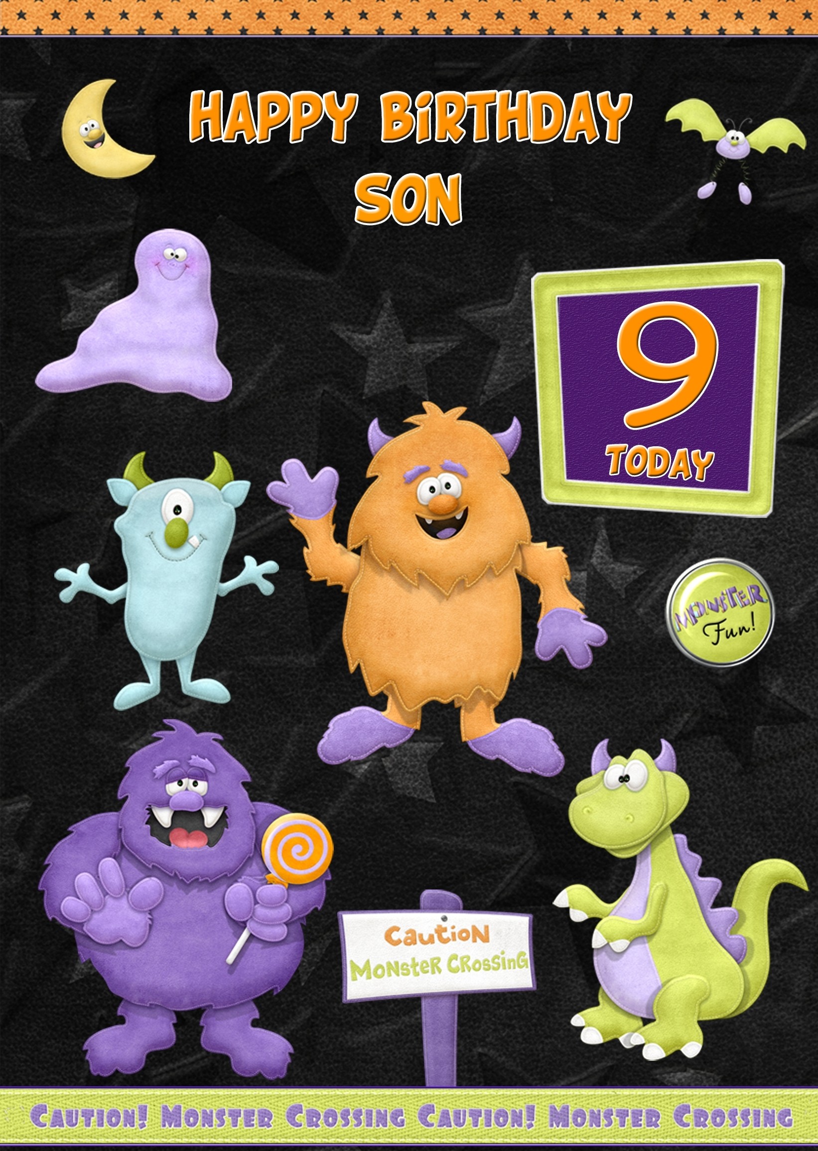 Kids 9th Birthday Funny Monster Cartoon Card for Son