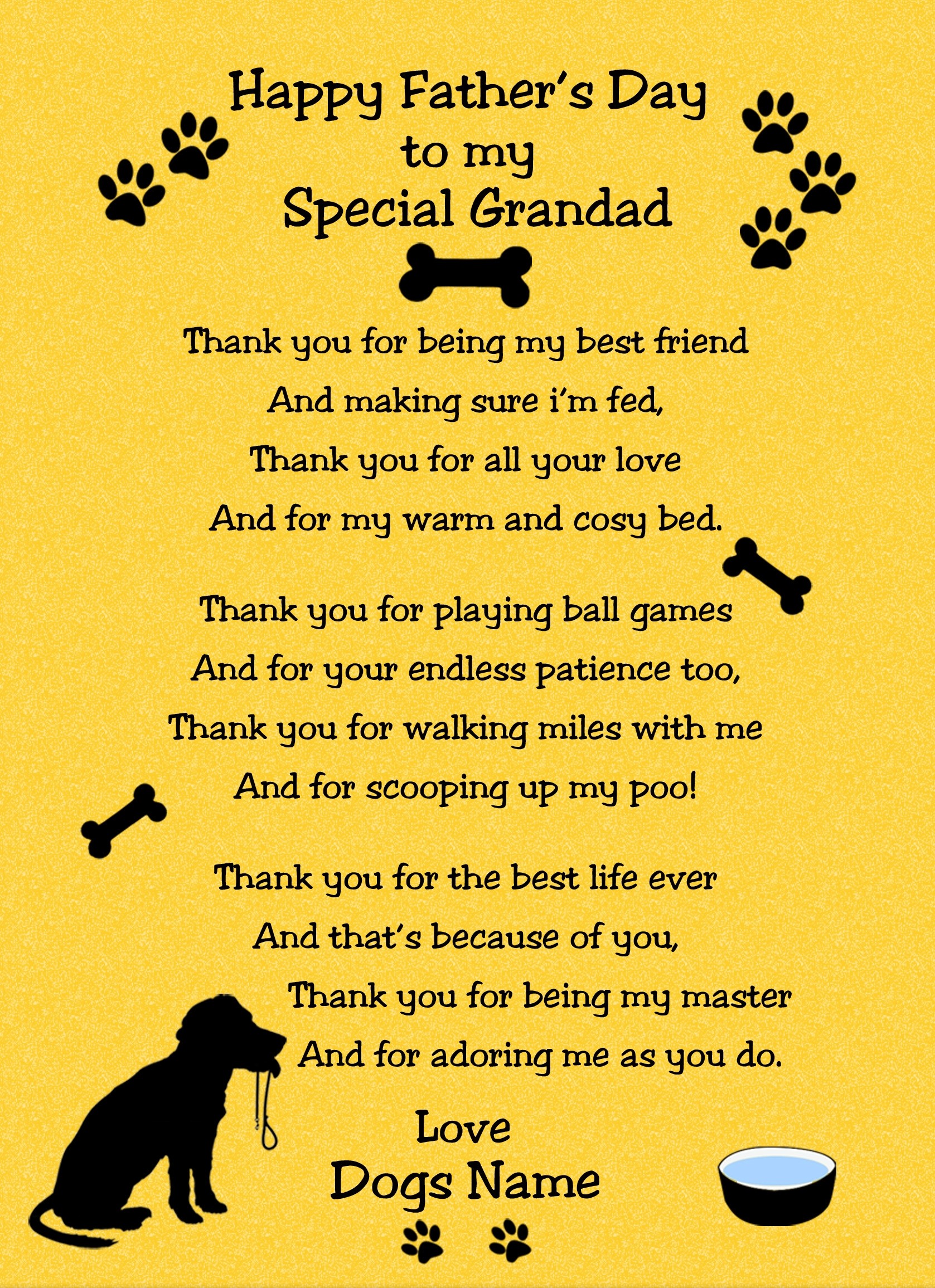 Personalised From The Dog Fathers Day Verse Poem Card (Yellow, Special Grandad)