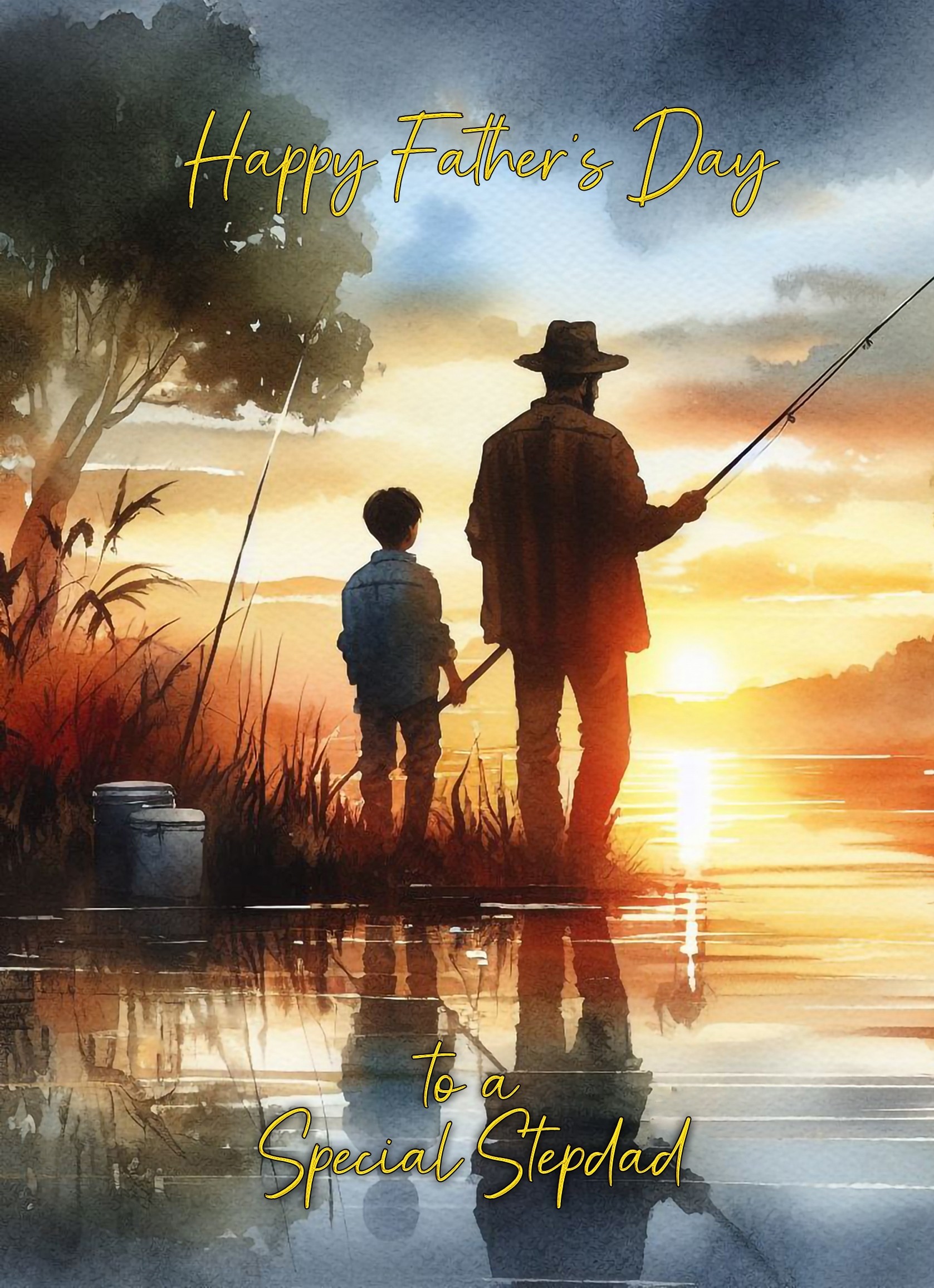 Fishing Father and Child Watercolour Art Fathers Day Card For Stepdad (Design 2)