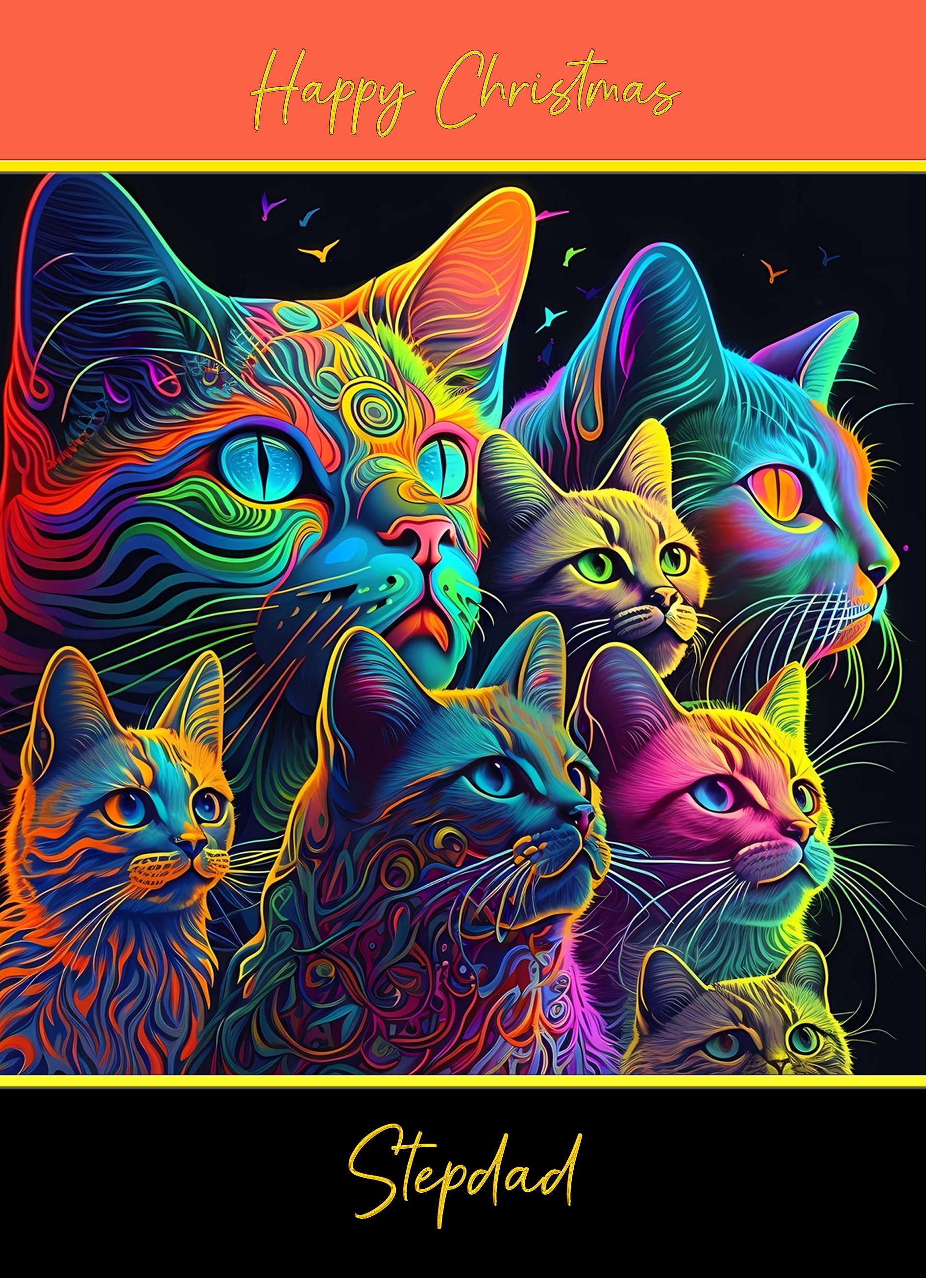 Christmas Card For Stepdad (Colourful Cat Art, Design 2)