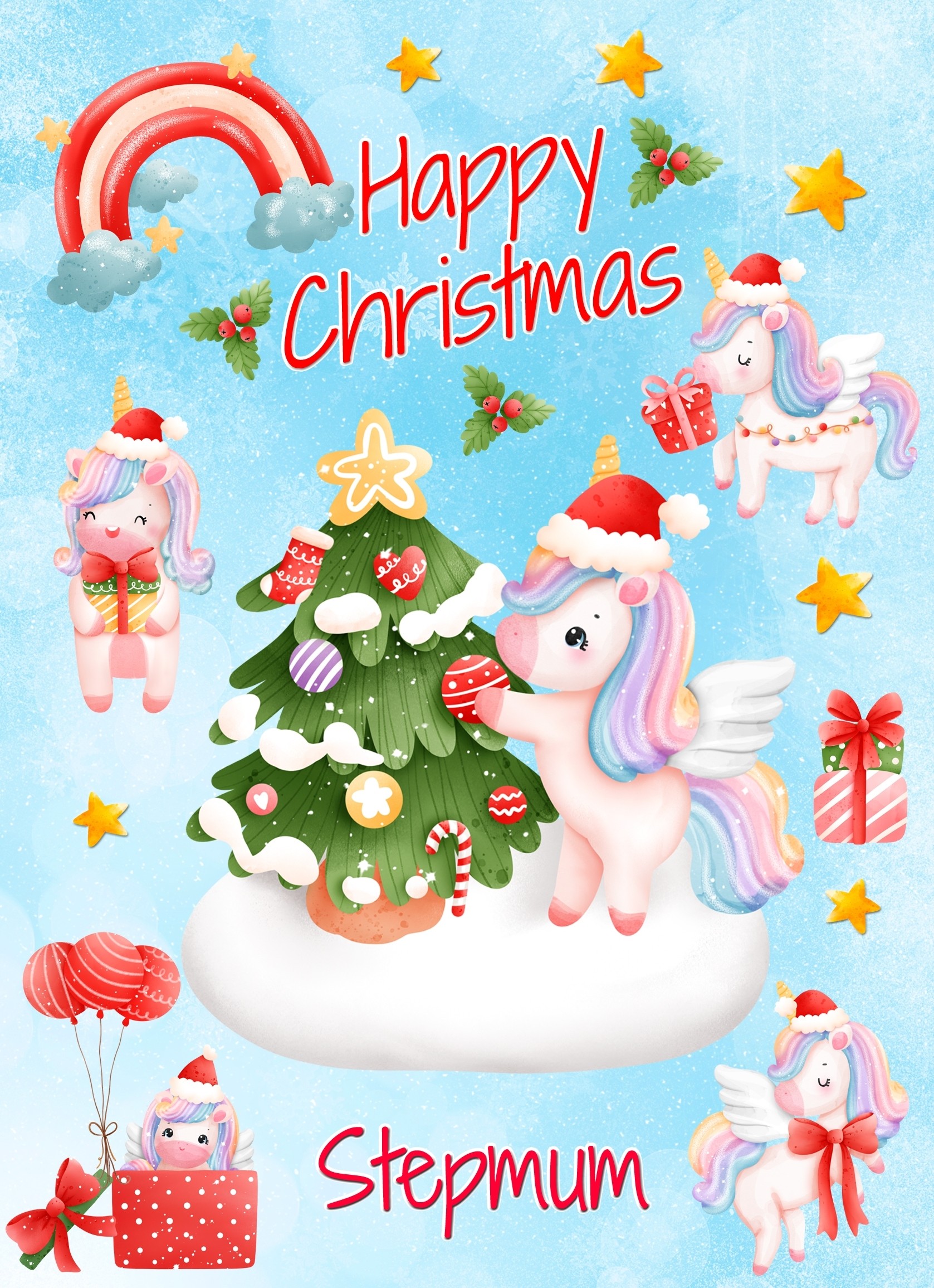 Christmas Card For Stepmum (Unicorn, Blue)