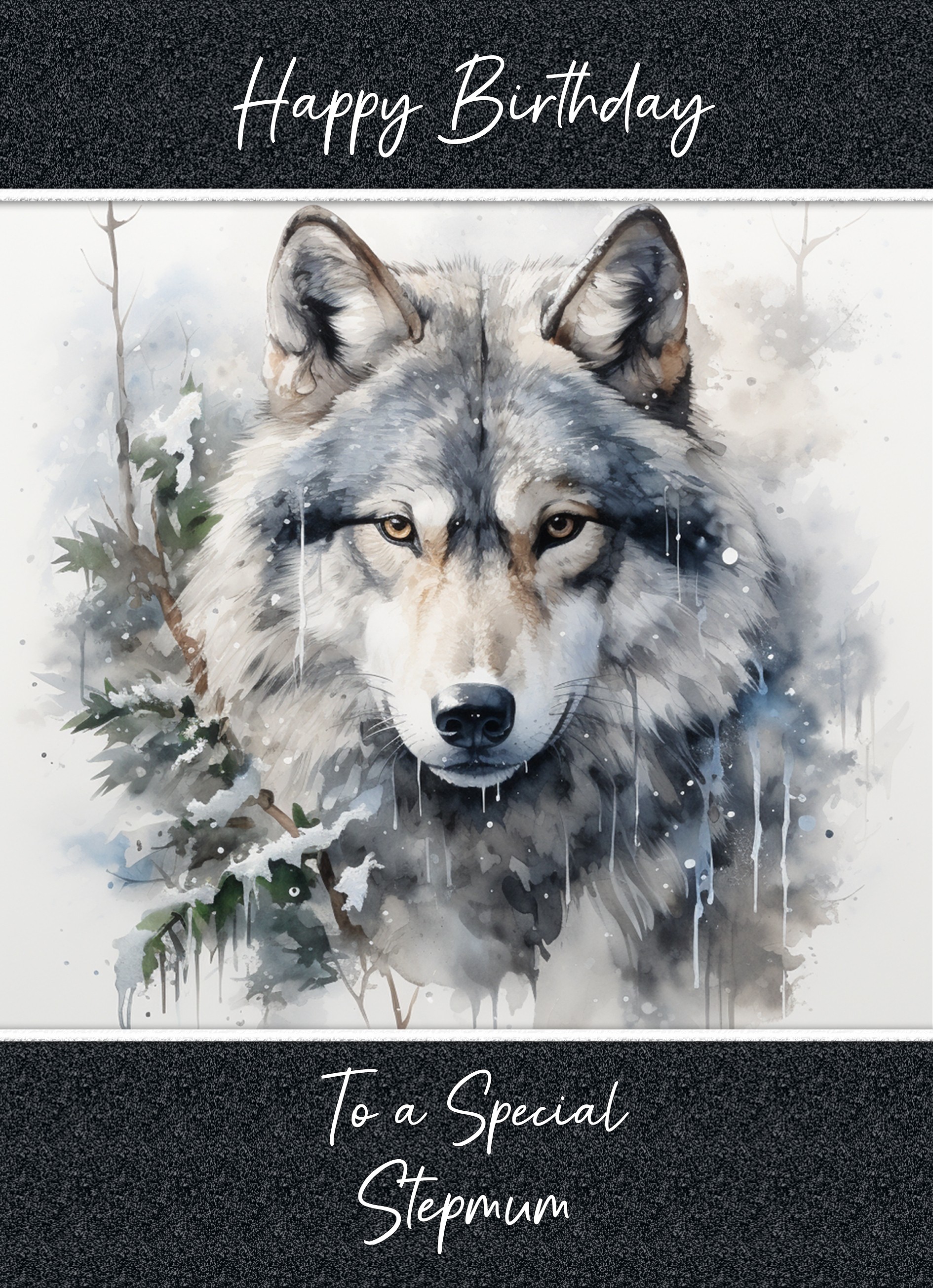 Birthday Card For Stepmum (Fantasy Wolf Art, Design 2)
